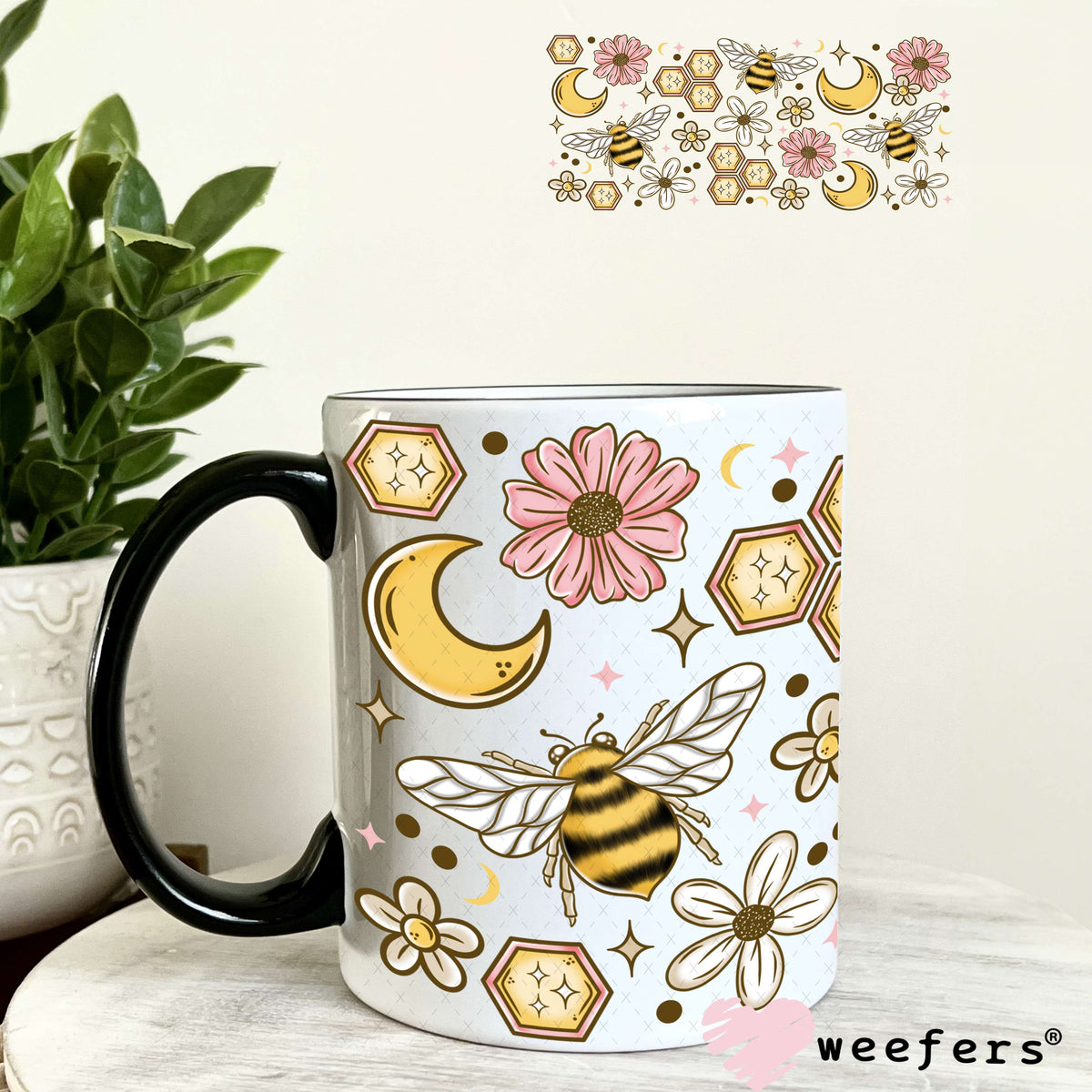 Honeycomb Bees and Pink Flowers UV DTF Cup Wrap 11oz Coffee Mug Weefers