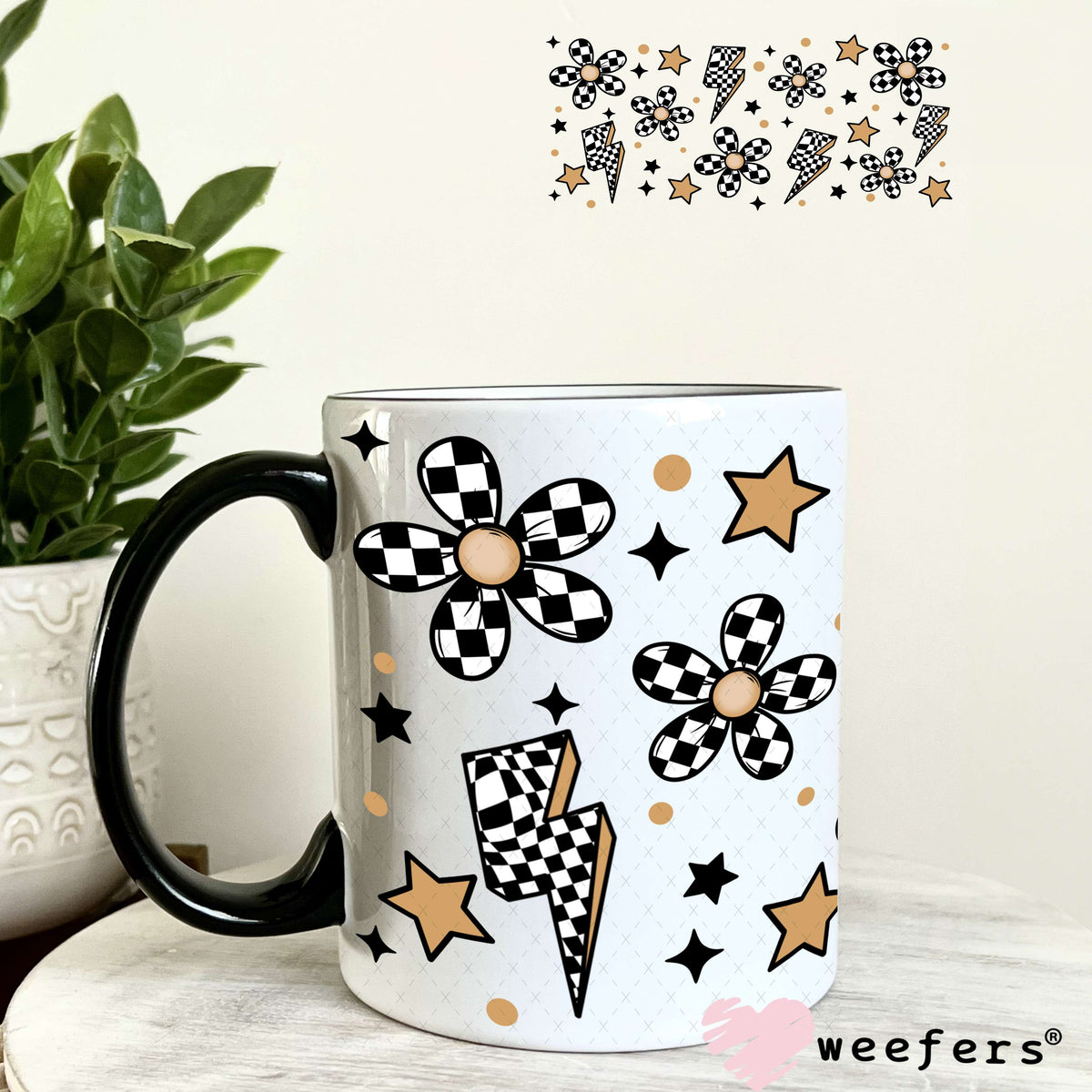 Black and White Checkered Flowers Lightening Bolts UV DTF Cup Wrap 11oz Coffee Mug Weefers