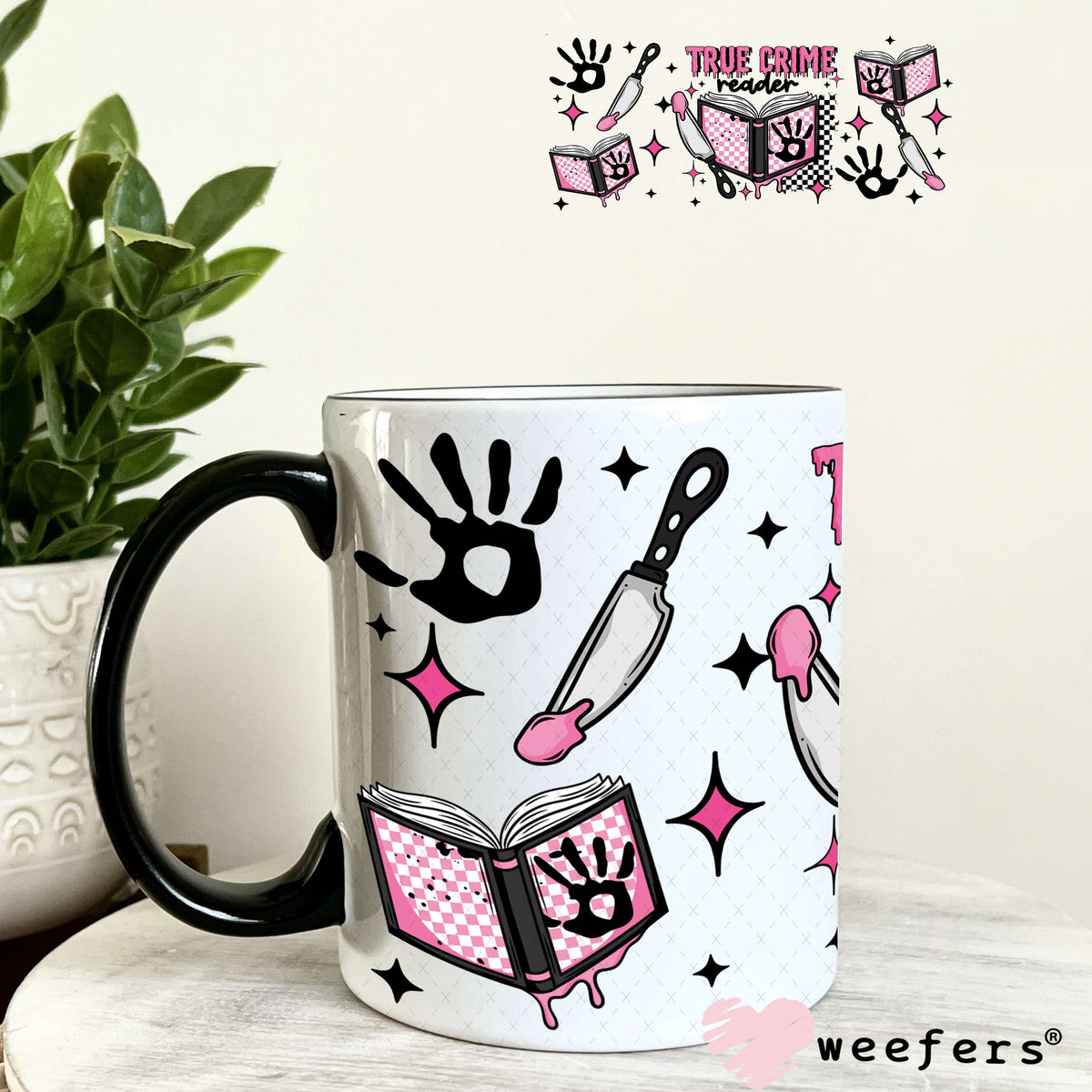 True Crime Pink and Black UV DTF Cup Wrap 11oz Coffee Mug Weefers