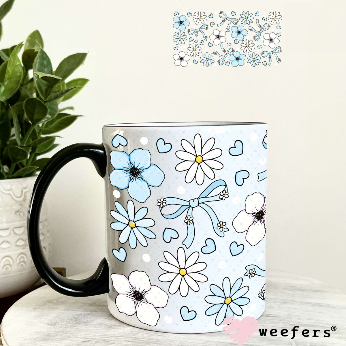 Light Blue and White Flowers UV DTF Cup Wrap 11oz Coffee Mug Weefers