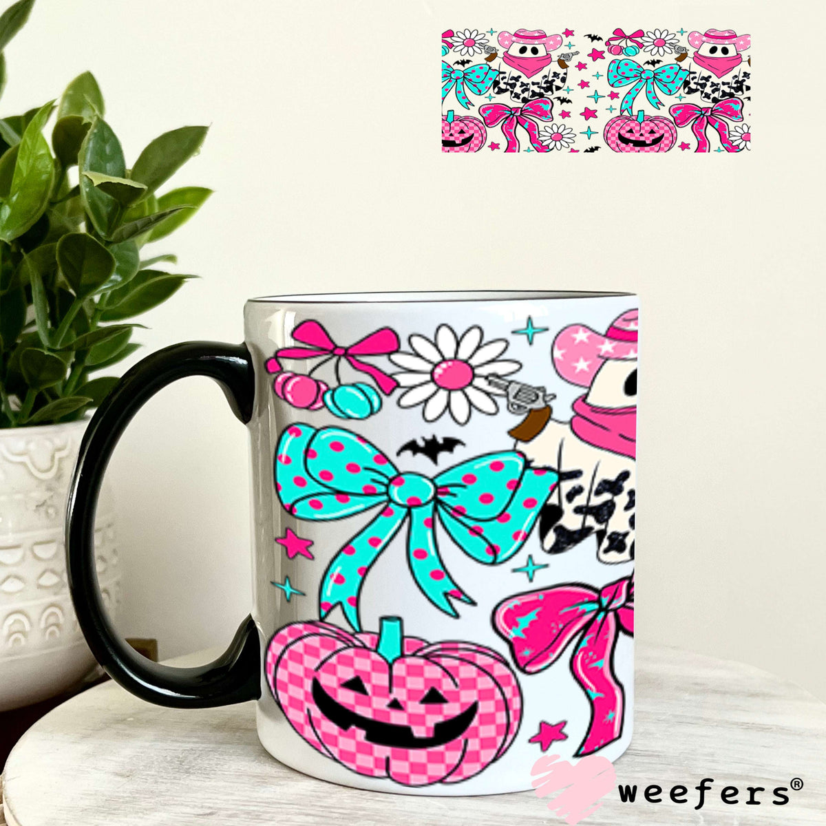 Cow Print Ghosts and Pumpkins UV DTF Cup Wrap - Weefers Exclusive 11oz Coffee Mug Cup Wrap Weefers