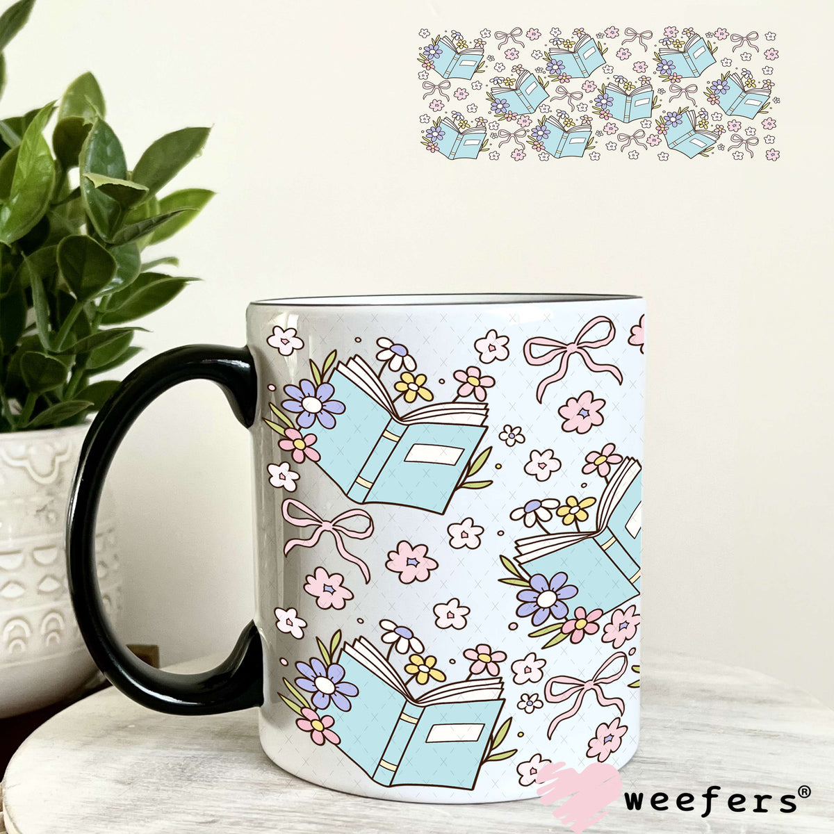 Blue Books and Dainty Flowers UV DTF Cup Wrap 11oz Coffee Mug Weefers