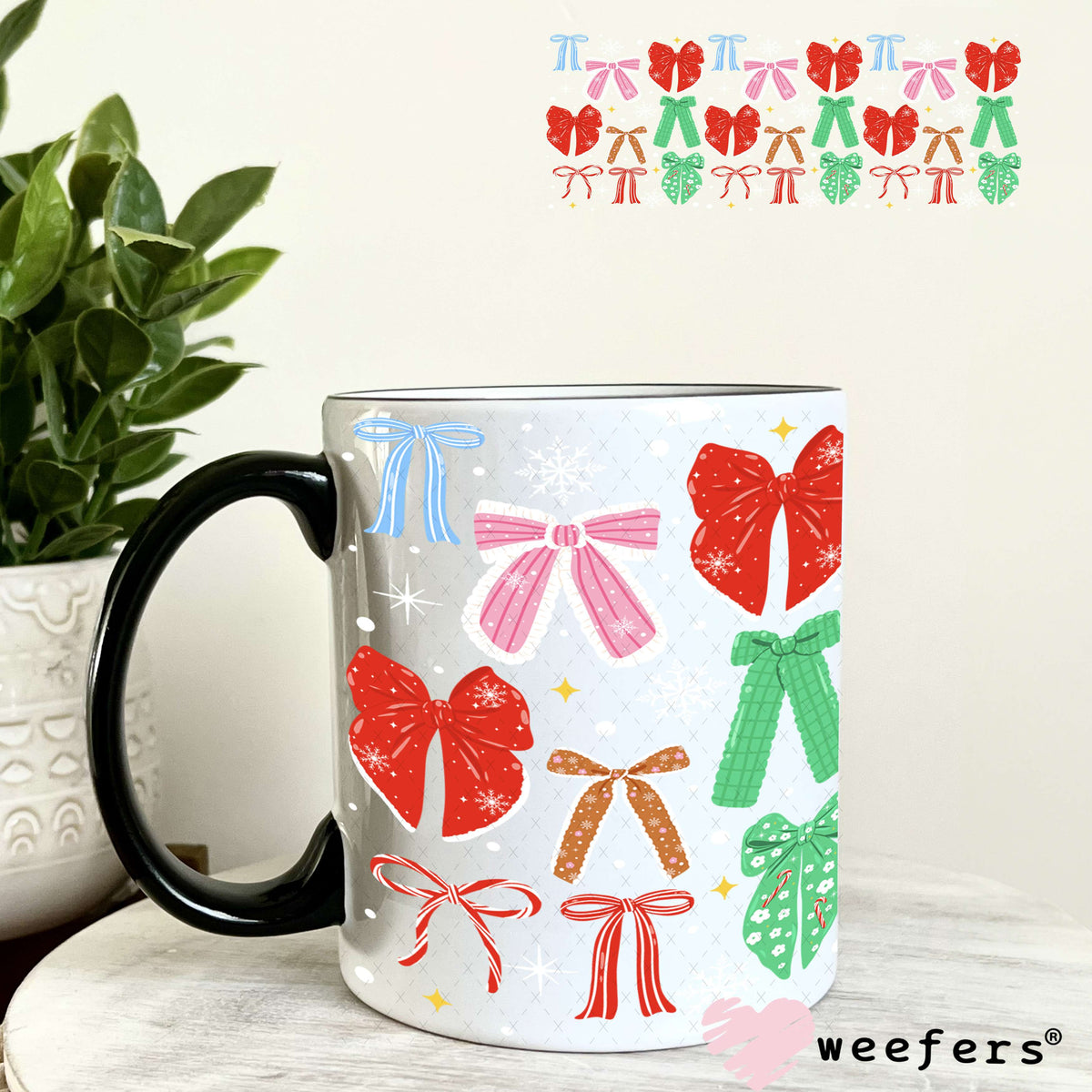 Red Green Christmas Bows UV DTF Cup Wrap 11oz Coffee Mug Weefers