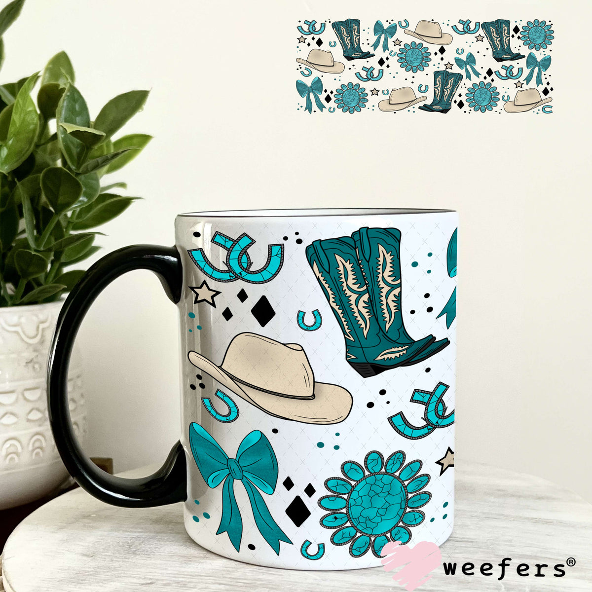 Western Blue Boots and Cowboy Hats UV DTF Cup Wrap 11oz Coffee Mug Weefers
