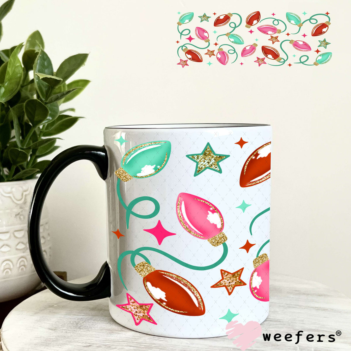 Retro Christmas Lights UV DTF Cup Wrap 11oz Coffee Mug Weefers