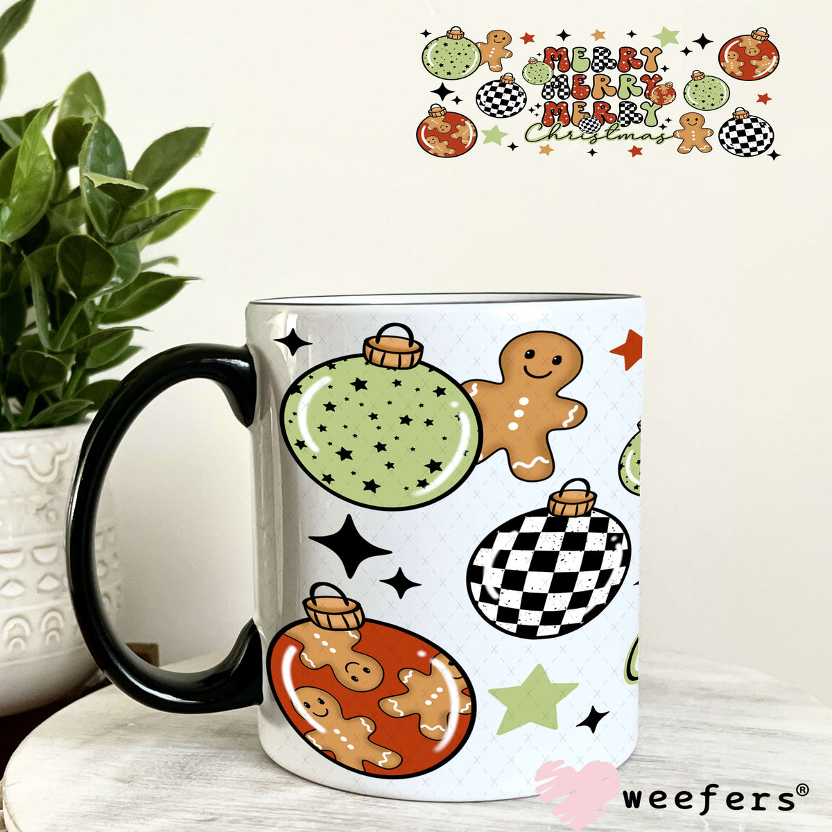 Merry Merry Merry Christmas Gingerbread and Christmas Balls UV DTF Cup Wrap 11oz Coffee Mug Weefers