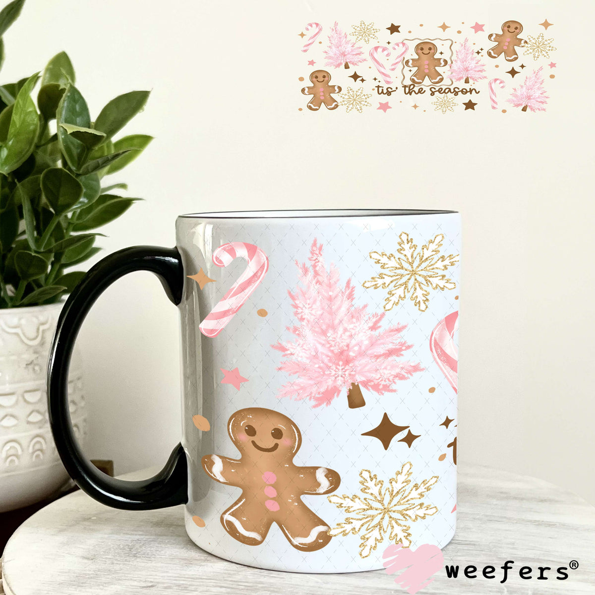 Tis the Season Pink Christmas Gingerbread and Trees UV DTF Cup Wrap 11oz Coffee Mug Weefers