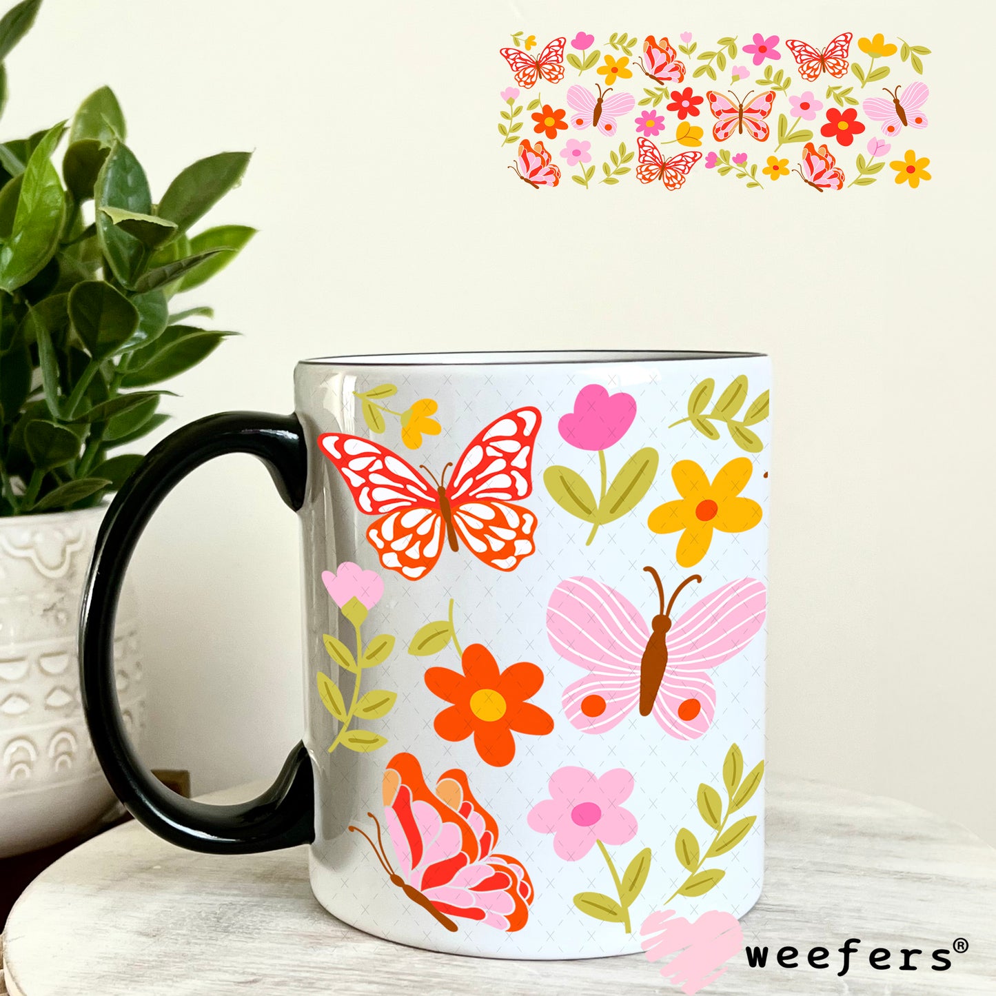 UV DTF Cup Wrap – Pink and Red Butterflies 11oz Coffee Mug Weefers