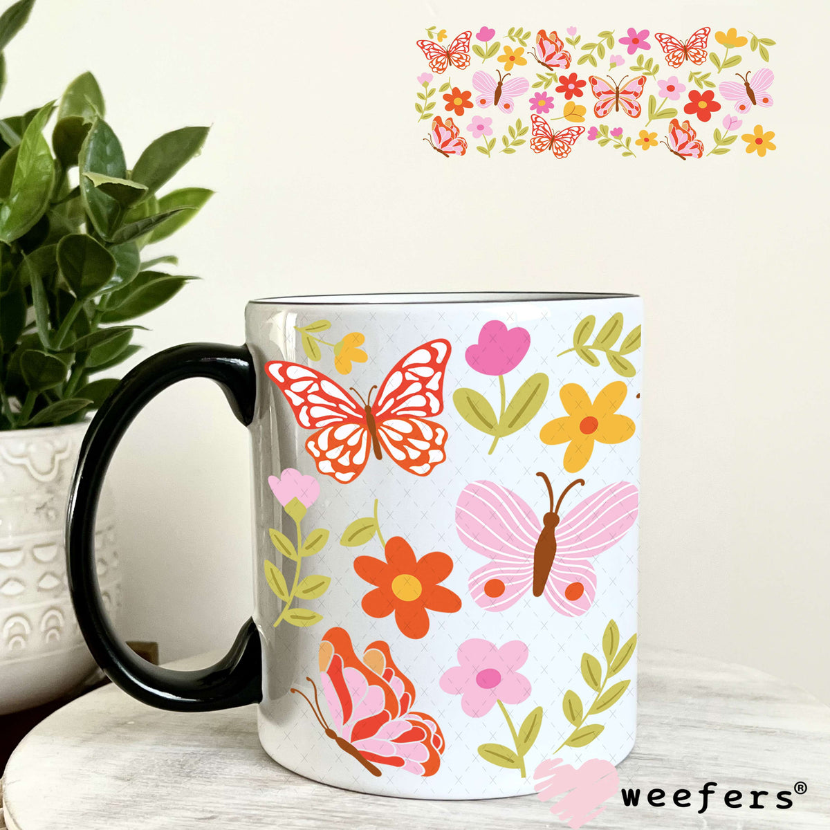UV DTF Cup Wrap – Pink and Red Butterflies 11oz Coffee Mug Weefers