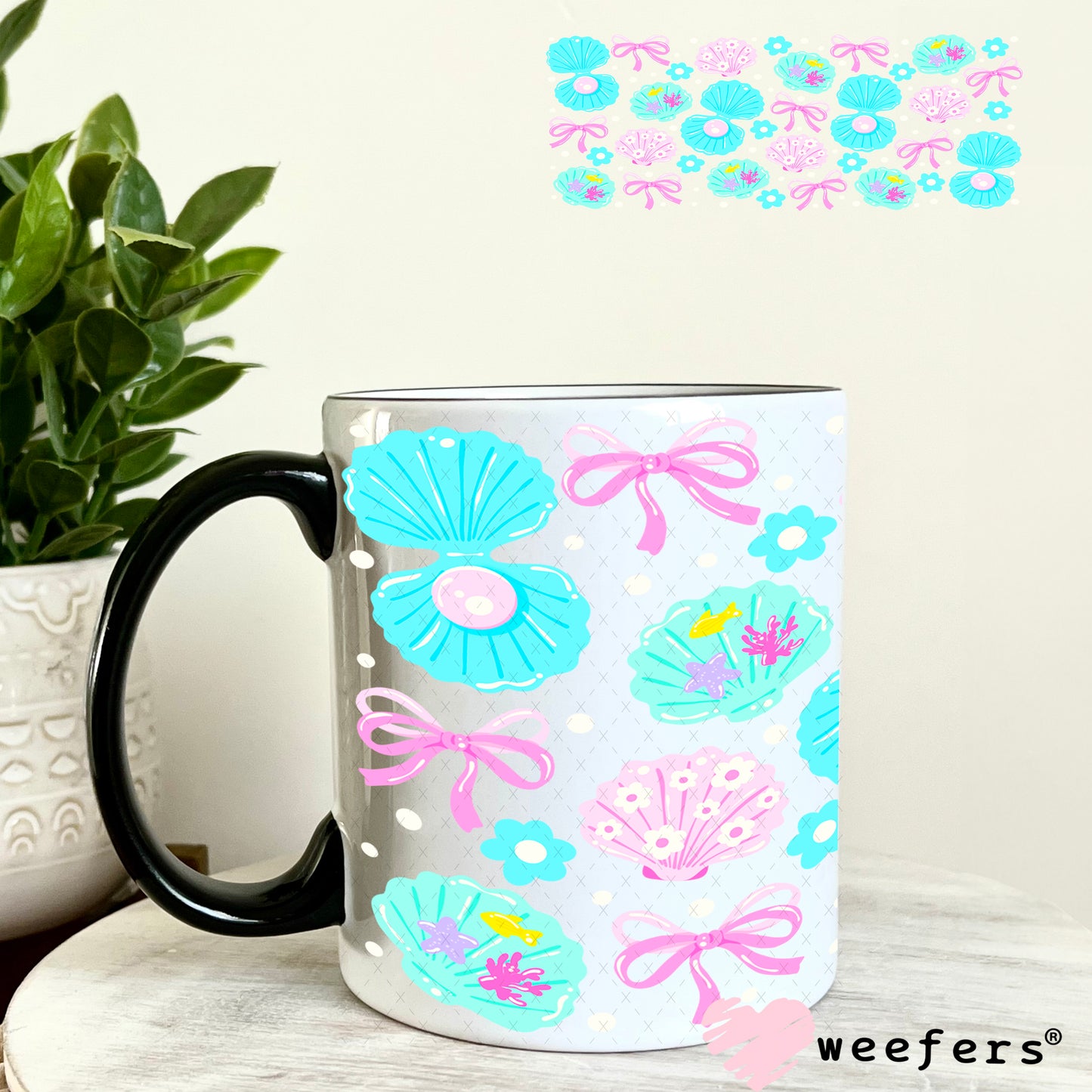 UV DTF Cup Wrap – Pink and Teal Seashells 11oz Coffee Mug Weefers