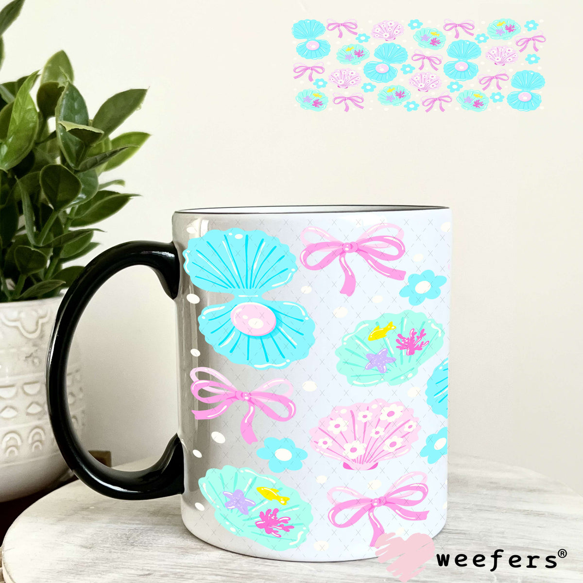 UV DTF Cup Wrap – Pink and Teal Seashells 11oz Coffee Mug Weefers