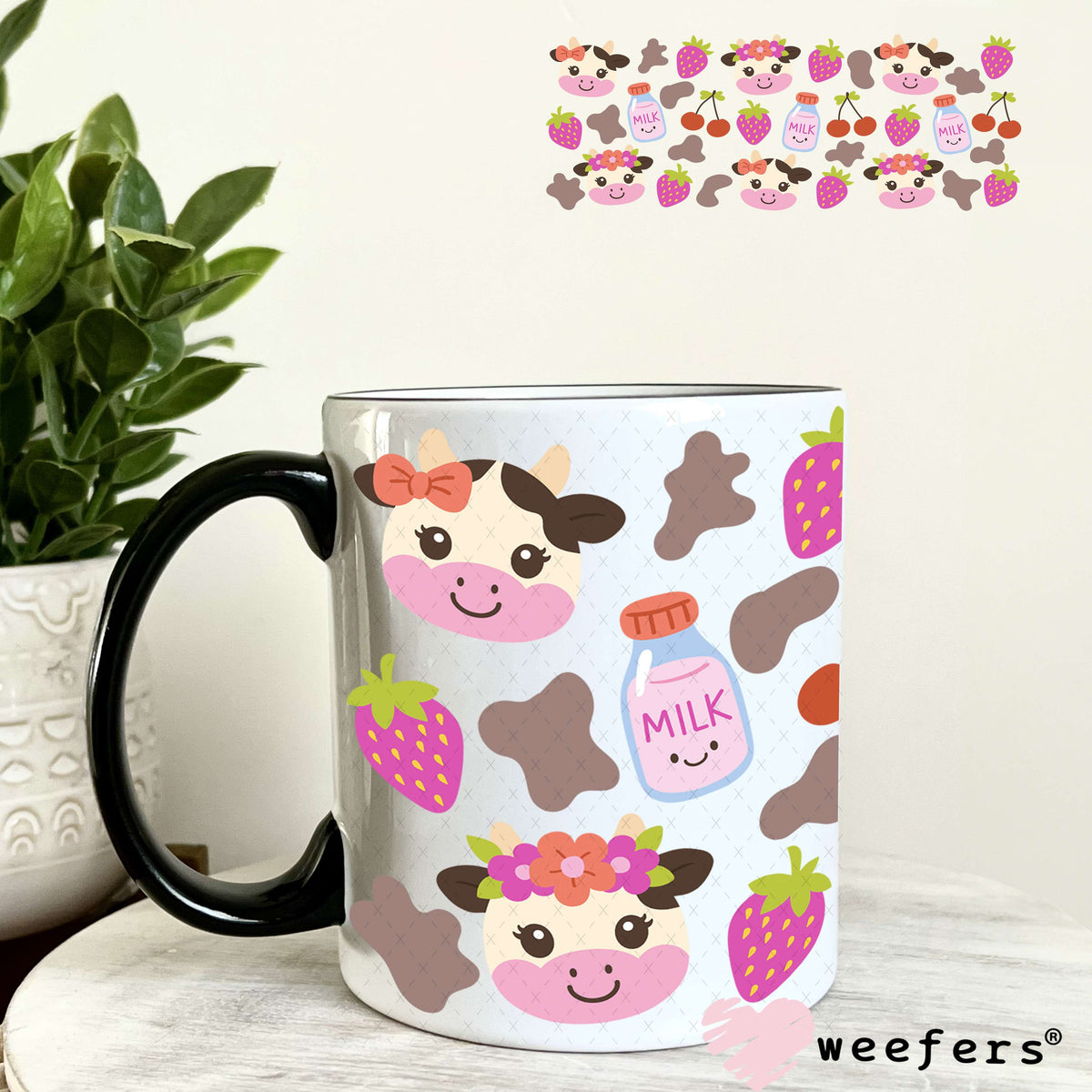 UV DTF Cup Wrap – Strawberry Milk cow 11oz Coffee Mug Weefers