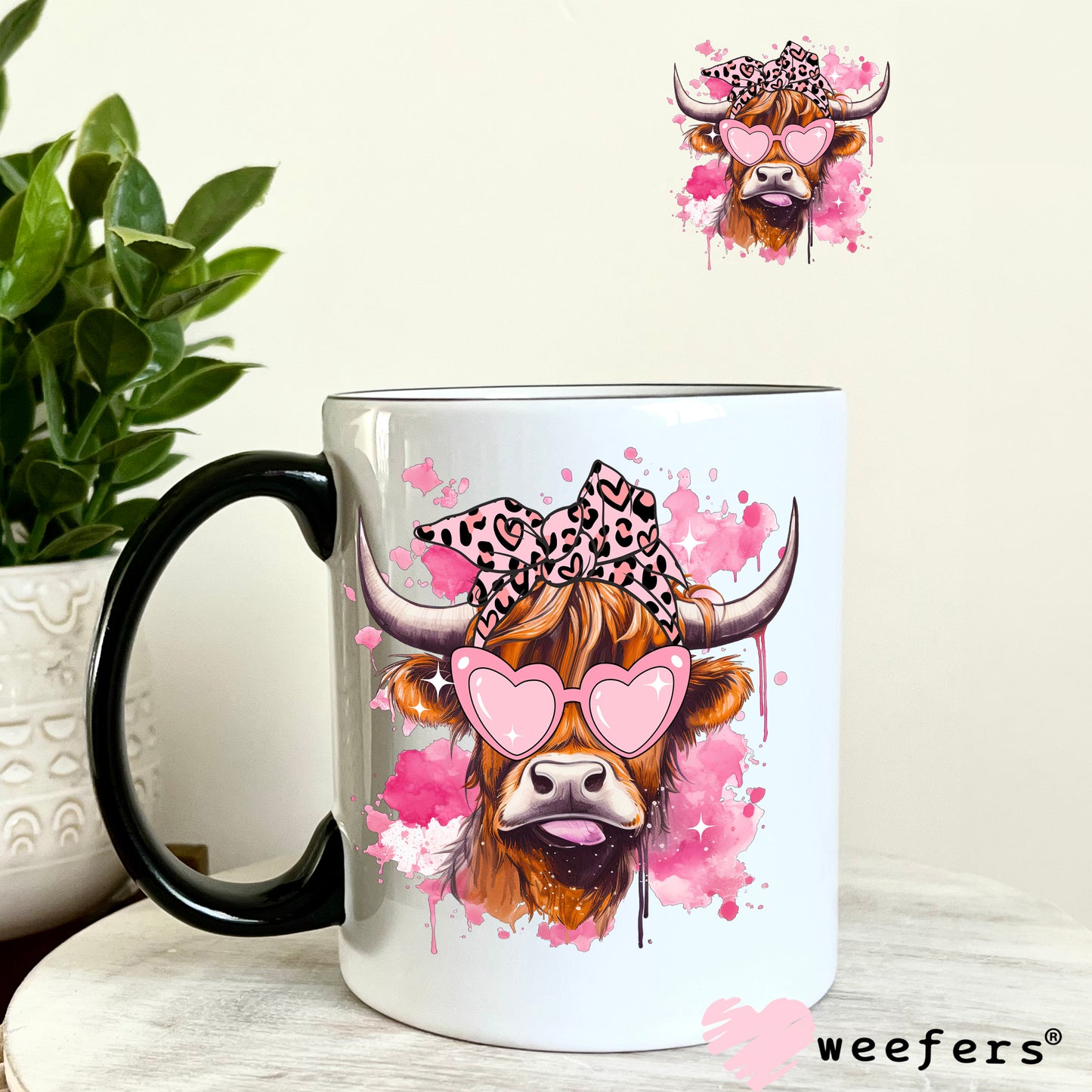 Bougie Pink Highlander Cow UV DTF Decal 11oz Coffee Mug Weefers