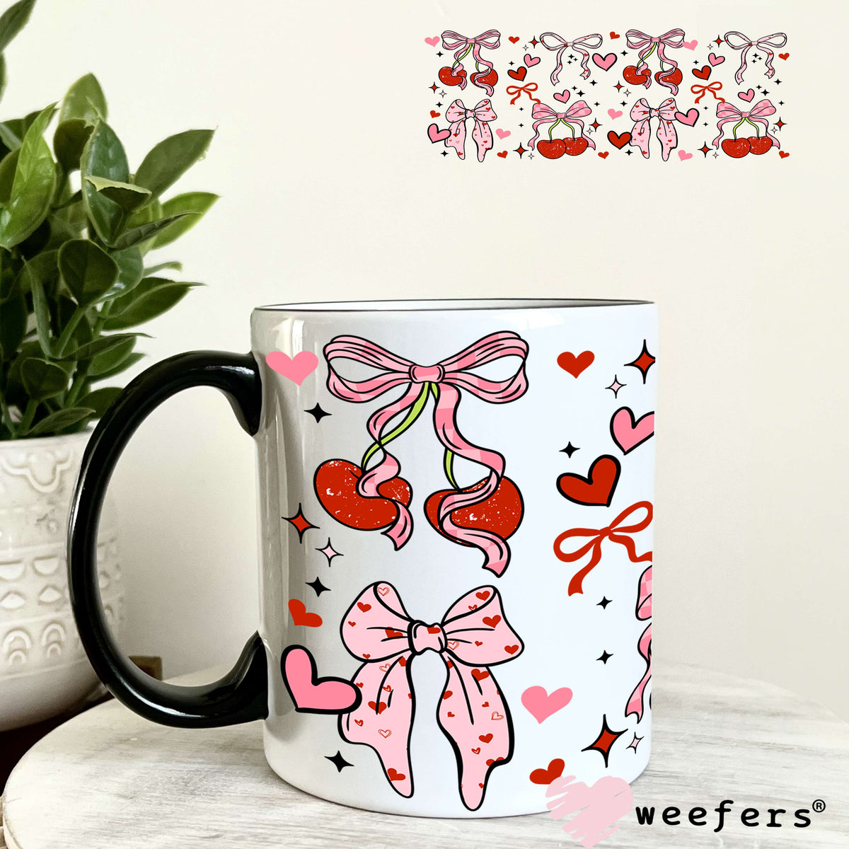 UV DTF Cup Wrap – Cherry Heart Bows 11oz Coffee Mug Weefers