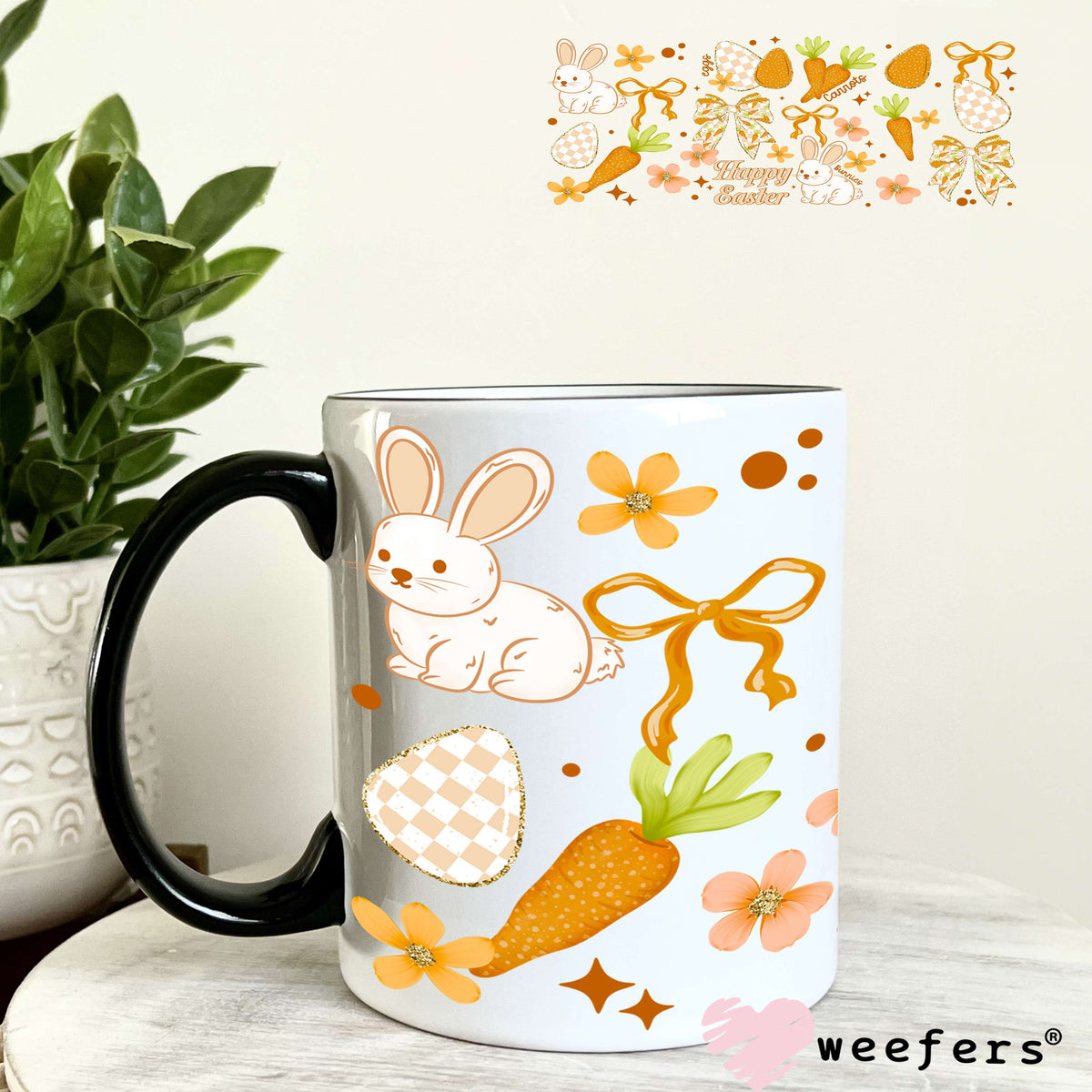 UV DTF Cup Wrap – Happy Easter Carrots and Bows 11oz Coffee Mug Weefers