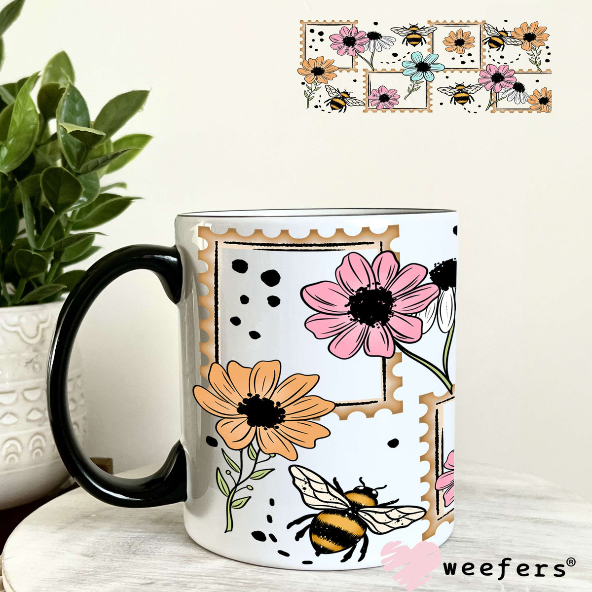 UV DTF Cup Wrap – Wild Flowers and Bees Pink and Teal 11oz Coffee Mug Weefers