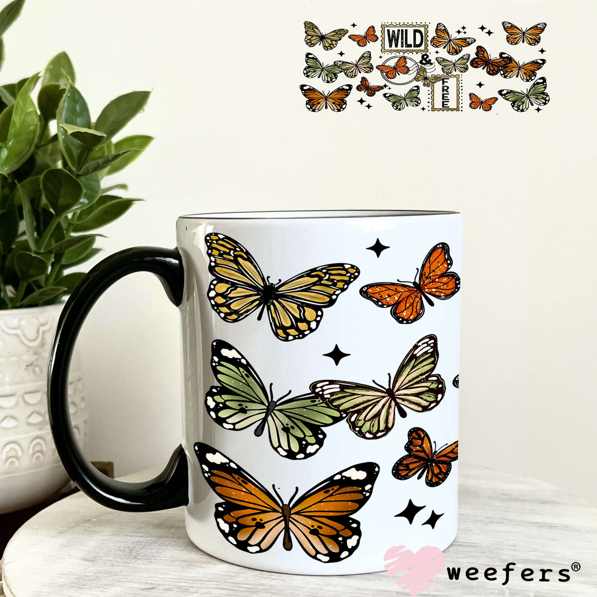 UV DTF Cup Wrap – Wild and Free Butterflies Rust and Green 11oz Coffee Mug Weefers