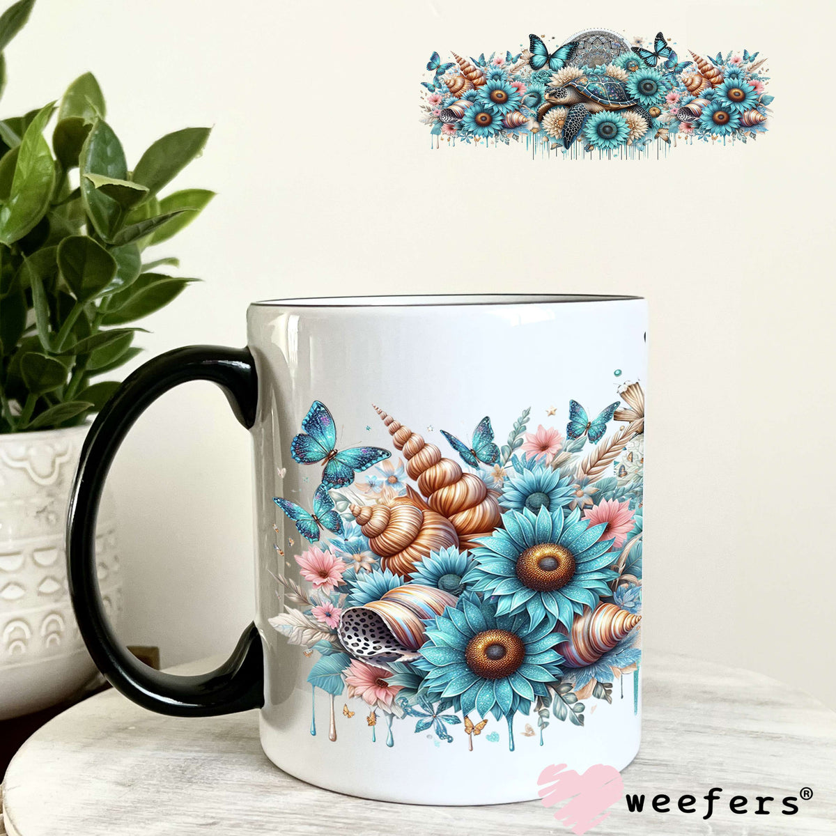 UV DTF Cup Wrap – Blue Turtle and Sunflowers 11oz Coffee Mug Weefers