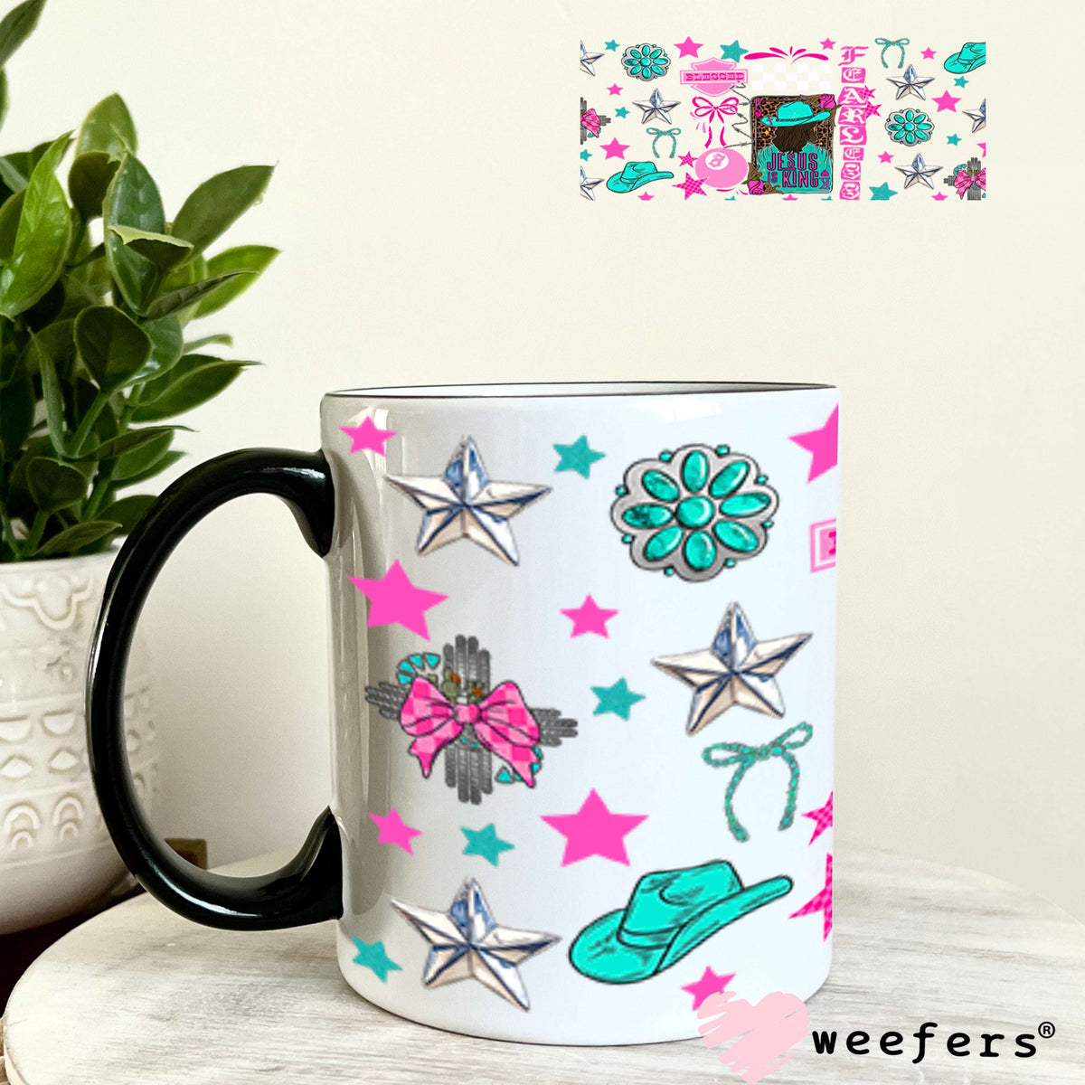 UV DTF Cup Wrap – Jesus is King Teal and Hot Pink - Weefers Exclusive 11oz Coffee Mug Cup Wrap Weefers