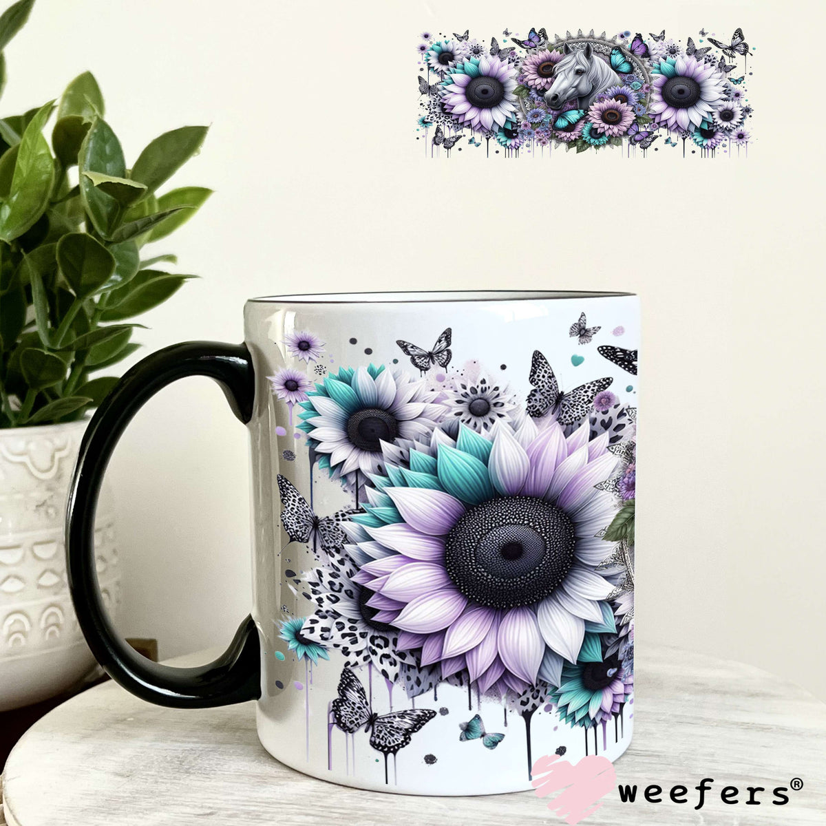UV DTF Cup Wrap – Horse Teal and Lilac Sunflowers 11oz Coffee Mug Weefers