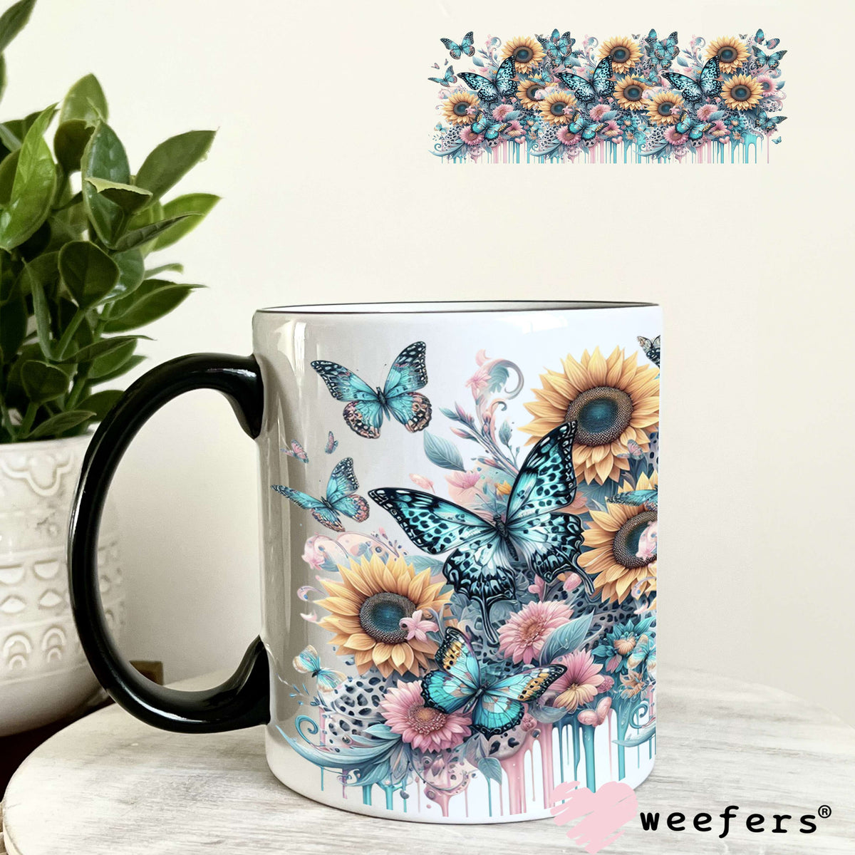 UV DTF Cup Wrap – Teal Pink Butterflies and Sunflowers 11oz Coffee Mug Weefers