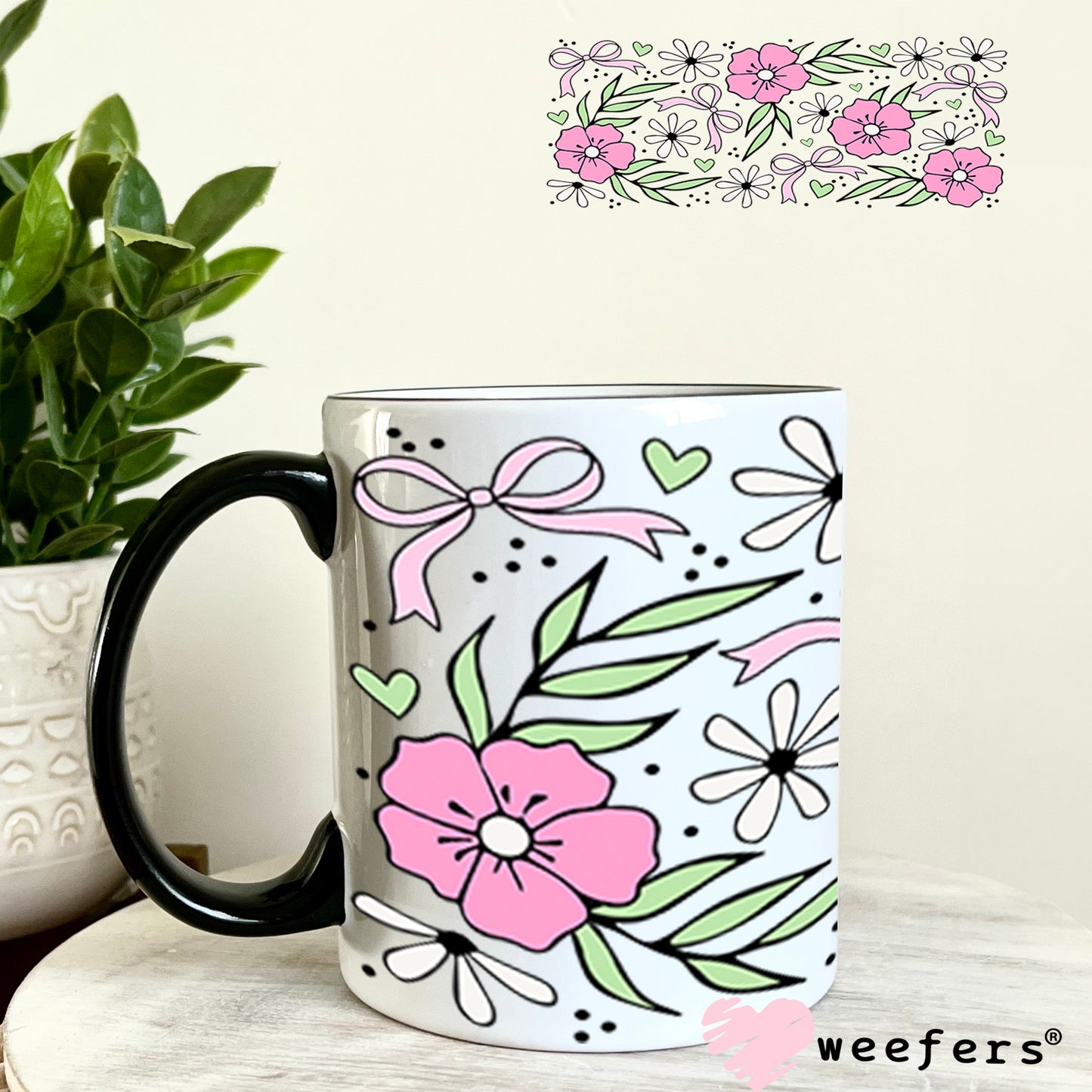 UV DTF Cup Wrap – Flowers and Coquette Pink Bows 11oz Coffee Mug Weefers