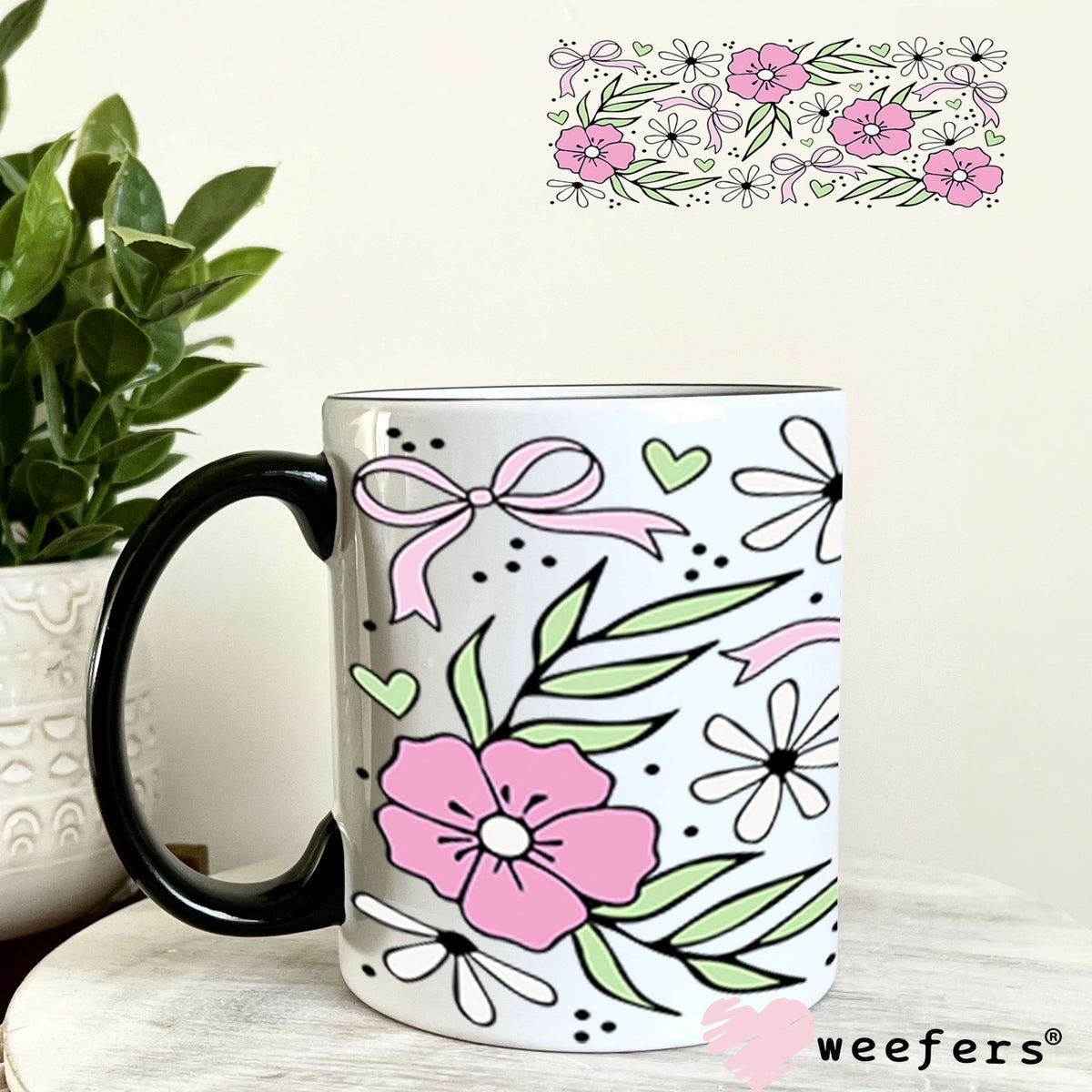 UV DTF Cup Wrap – Flowers and Coquette Pink Bows 11oz Coffee Mug Weefers