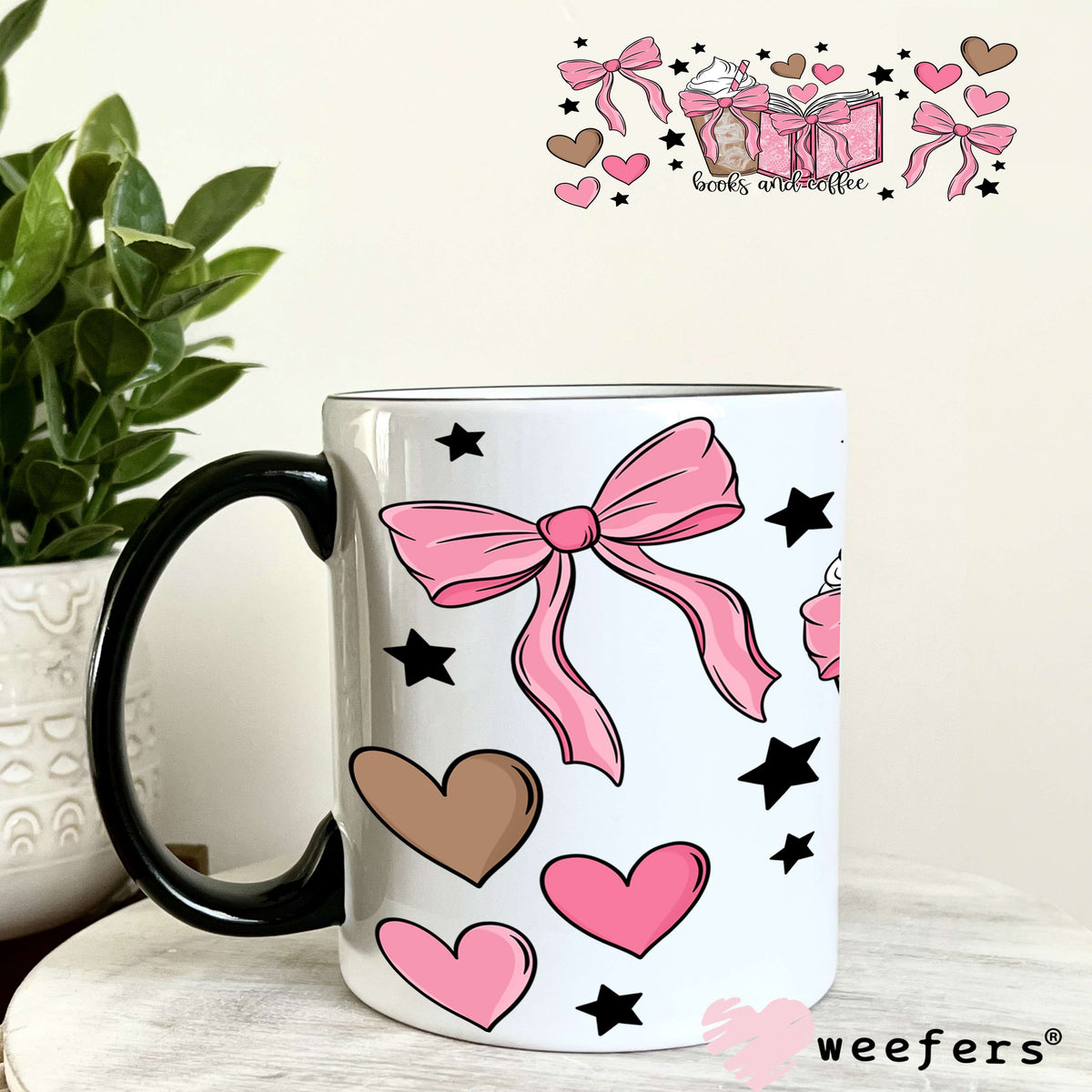 UV DTF Cup Wrap – Books and Coffee Pink and Brown 11oz Coffee Mug Weefers