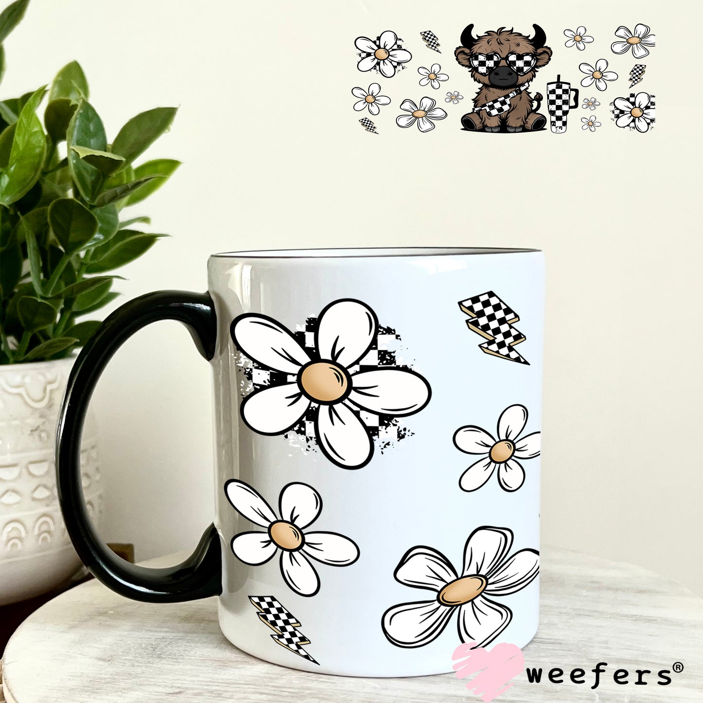 UV DTF Cup Wrap – Bougie checkered Highland Cow 11oz Coffee Mug Weefers