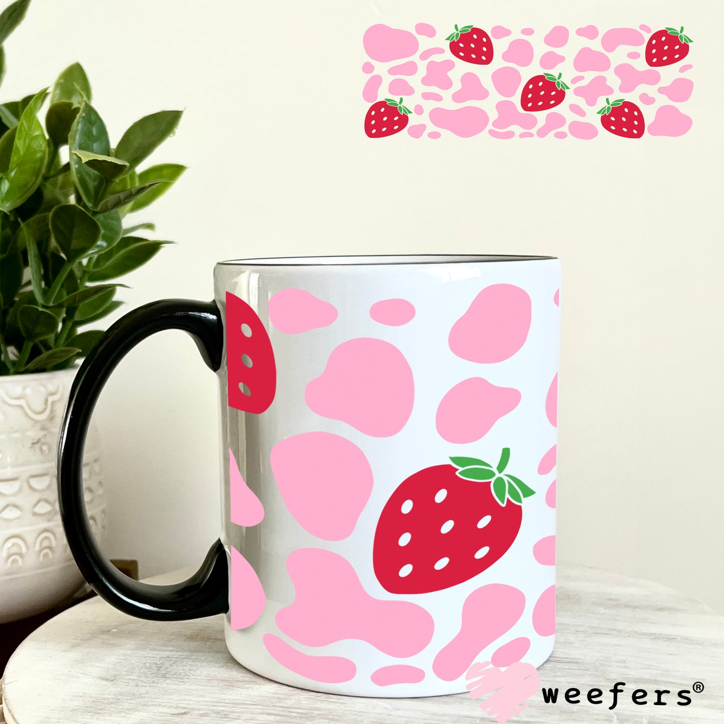 Pink Cow Print and Strawberries UV DTF Cup Wrap 11oz Coffee Mug Weefers