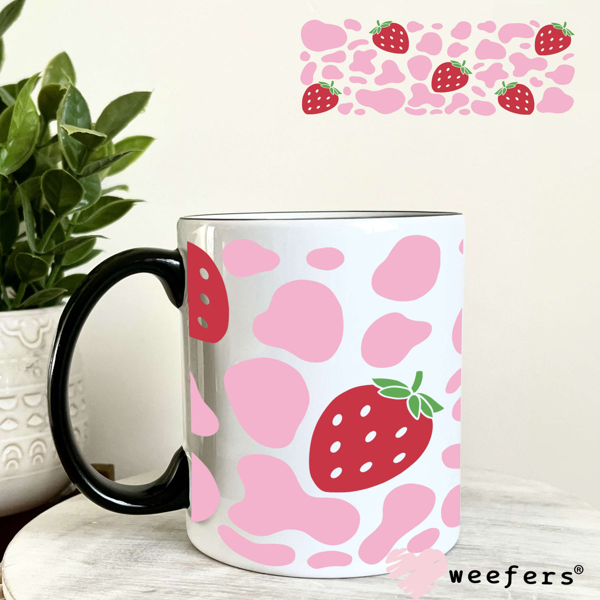 Pink Cow Print and Strawberries UV DTF Cup Wrap 11oz Coffee Mug Weefers