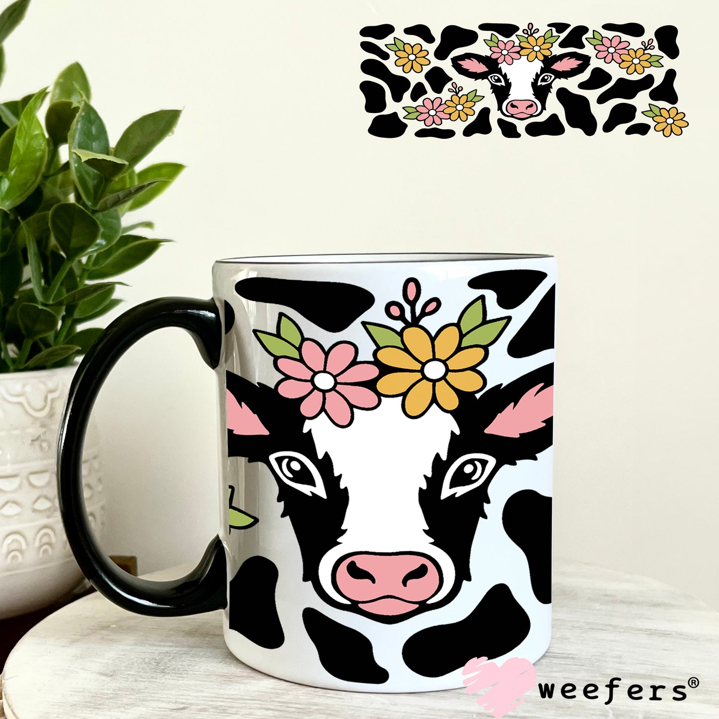 Dairy Cow Black Print with Flowers UV DTF Cup Wrap 11oz Coffee Mug Weefers