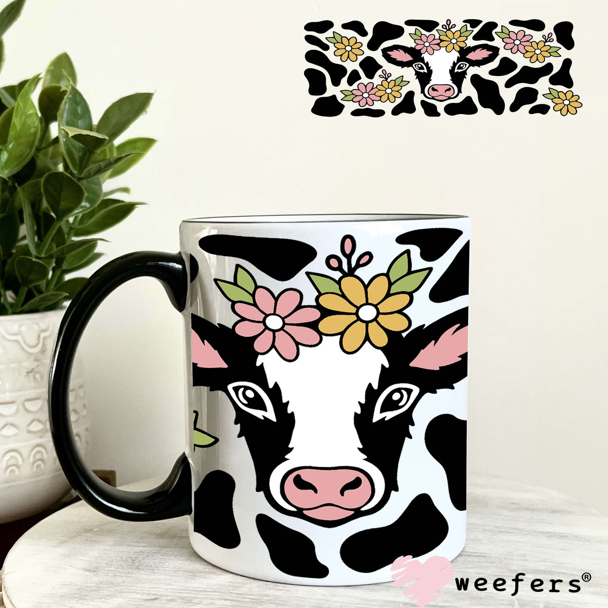 Dairy Cow Black Print with Flowers UV DTF Cup Wrap 11oz Coffee Mug Weefers