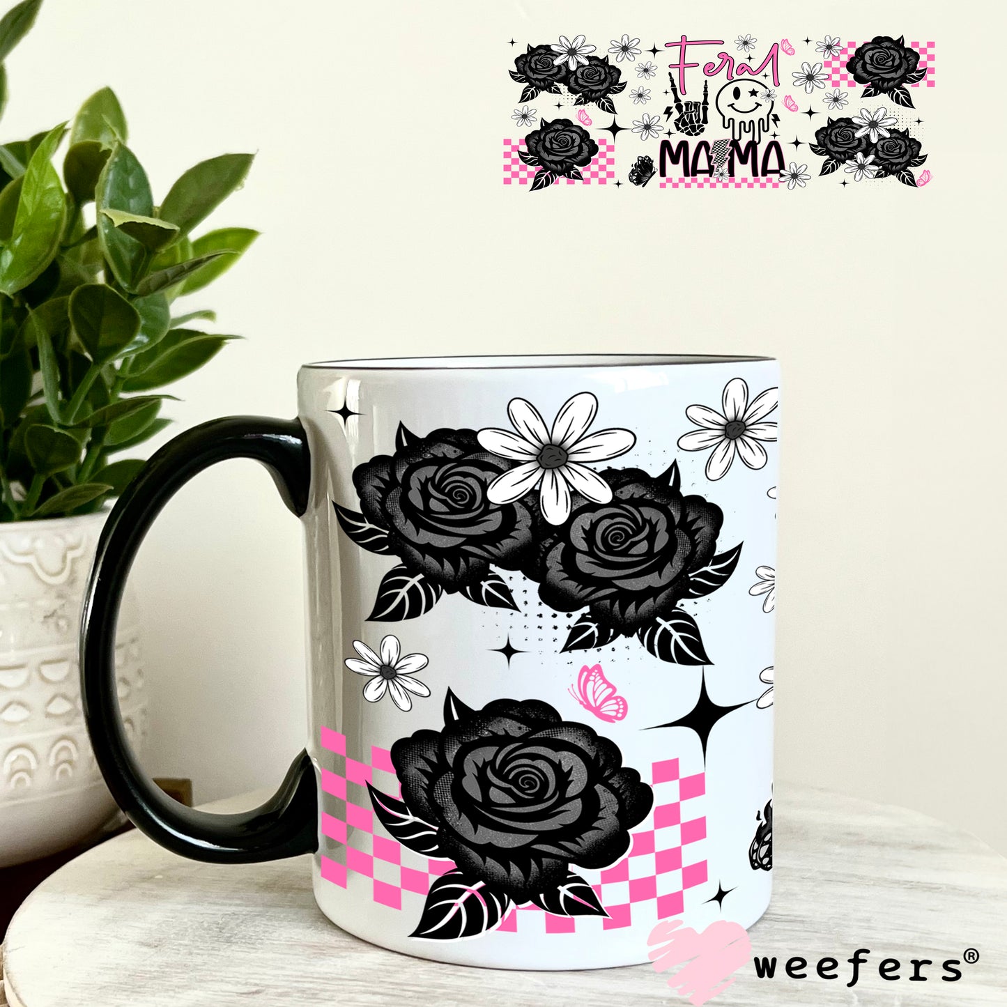 UV DTF Cup Wrap – Feral Mama Pink and Black 11oz Coffee Mug Weefers