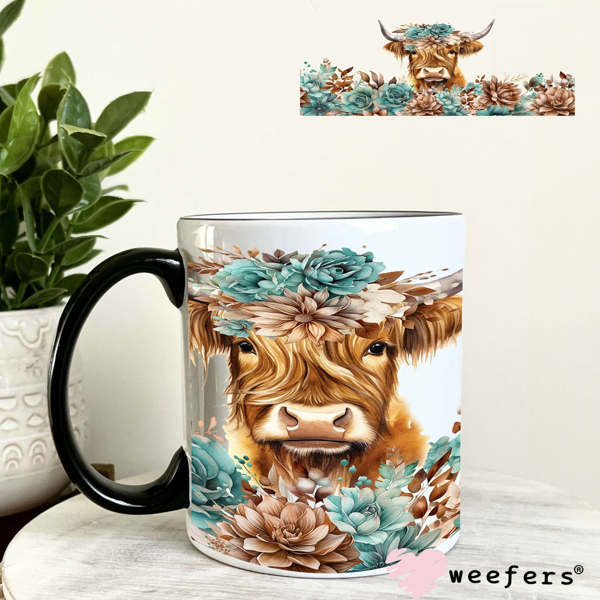 Teal and Brown Highlander Cow UV DTF Cup Wrap 11oz Coffee Mug Weefers
