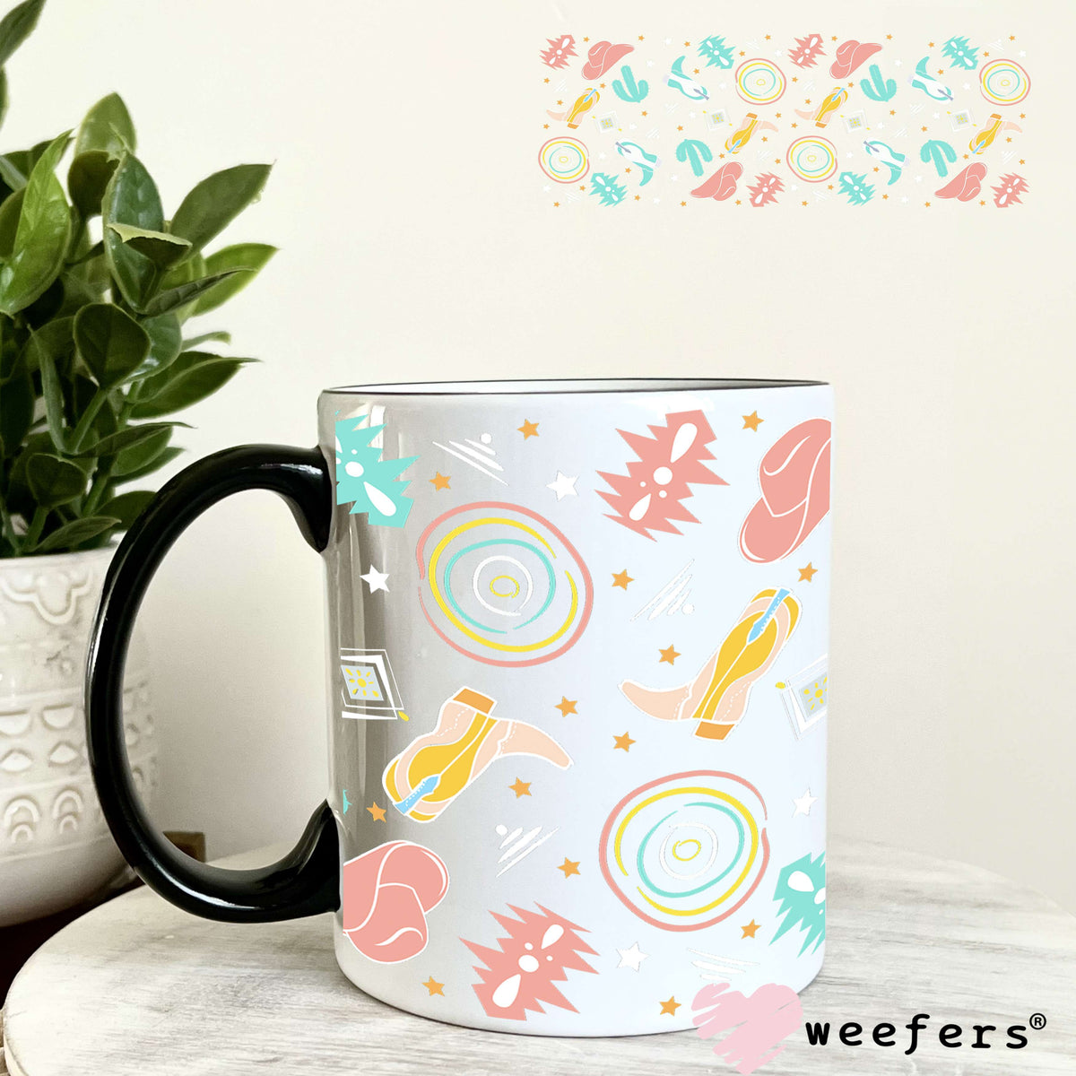 Pink and Teal Cowgirl Favorite Things UV DTF Cup Wrap 11oz Coffee Mug Weefers