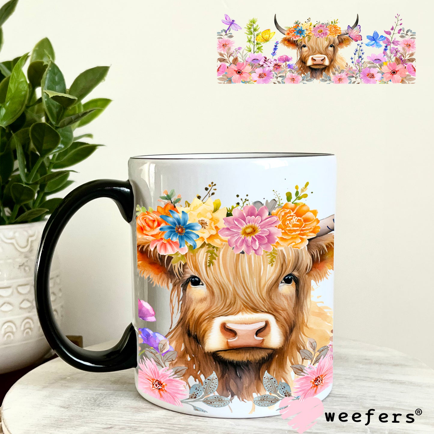 Pink and Purple Wildflowers Highlander Cow UV DTF Cup Wrap 11oz Coffee Mug Weefers