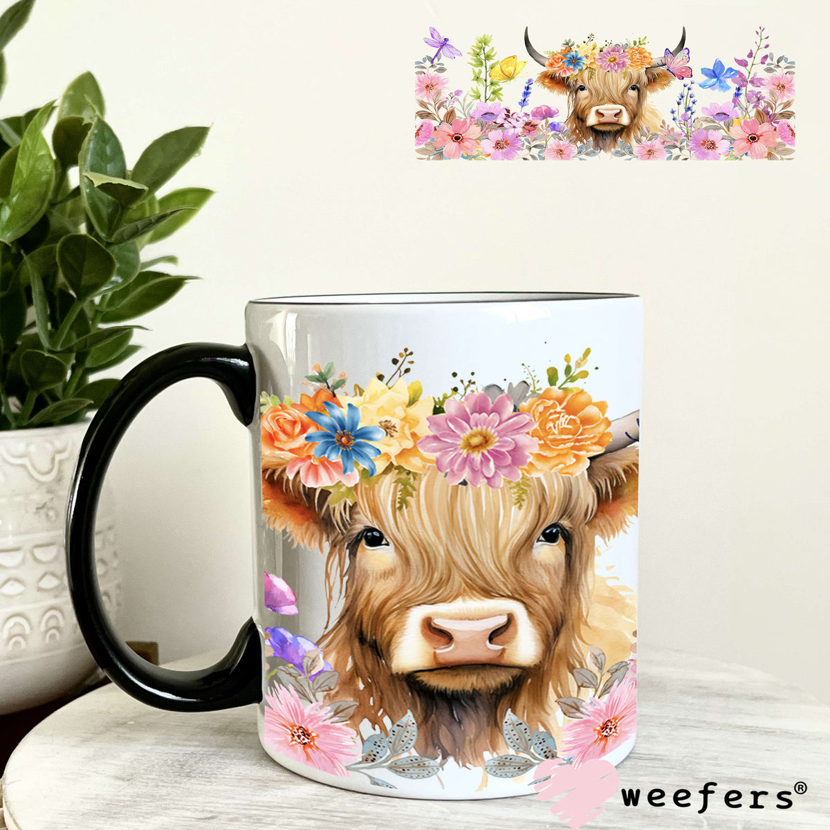 Pink and Purple Wildflowers Highlander Cow UV DTF Cup Wrap 11oz Coffee Mug Weefers