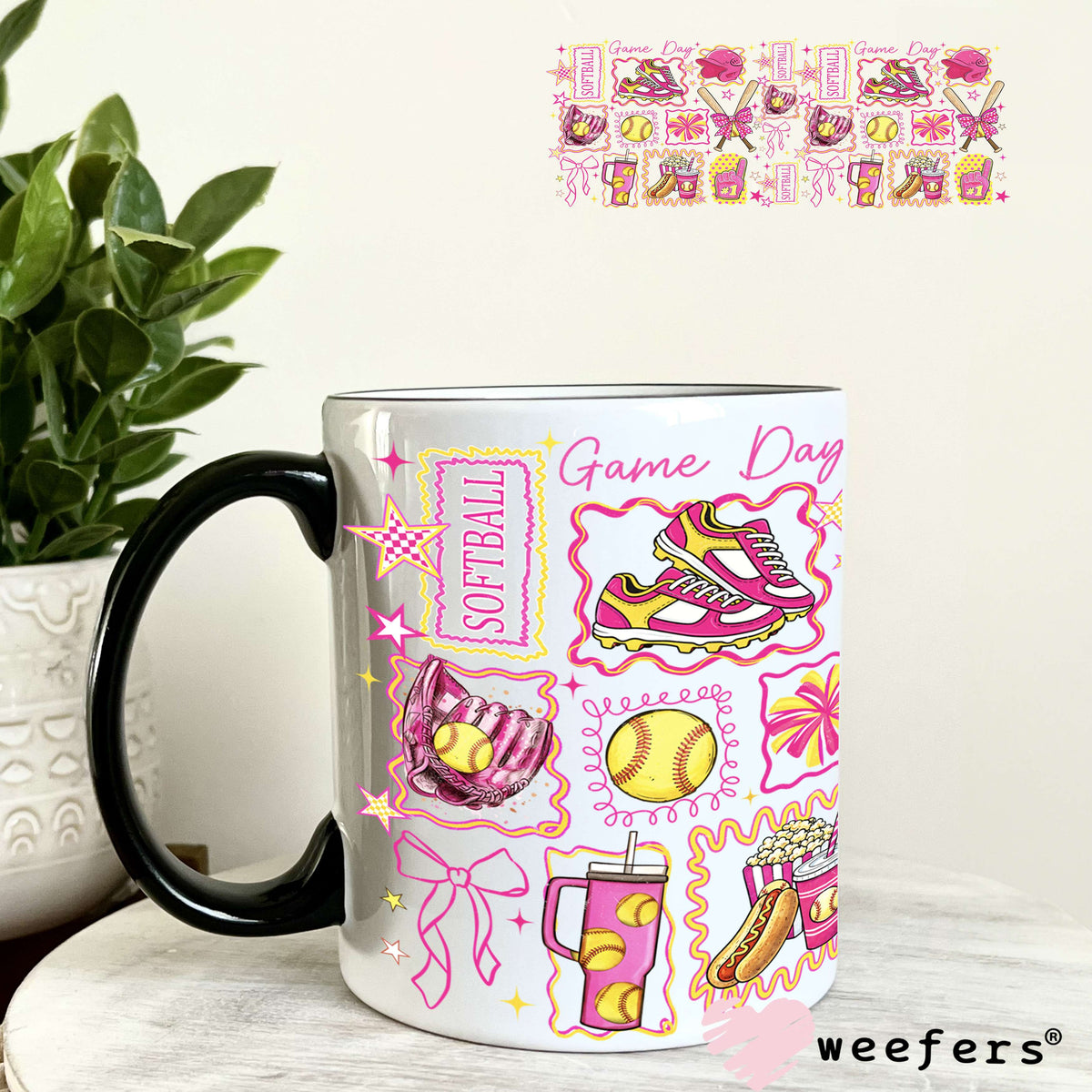 UV DTF Cup Wrap – Softball Pink and Yellow 11oz Coffee Mug Weefers