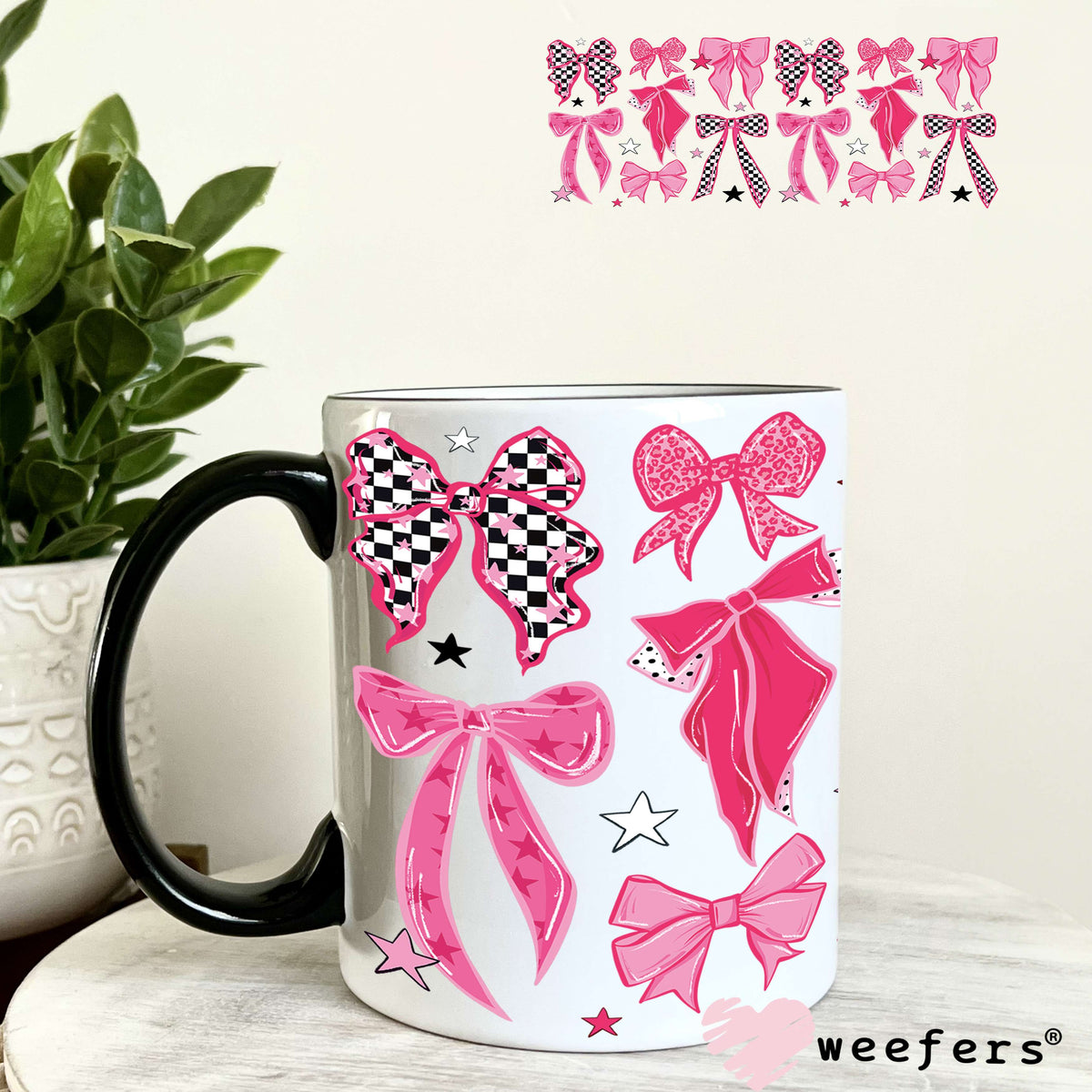 UV DTF Cup Wrap – Pink Checkered Bows 11oz Coffee Mug Weefers