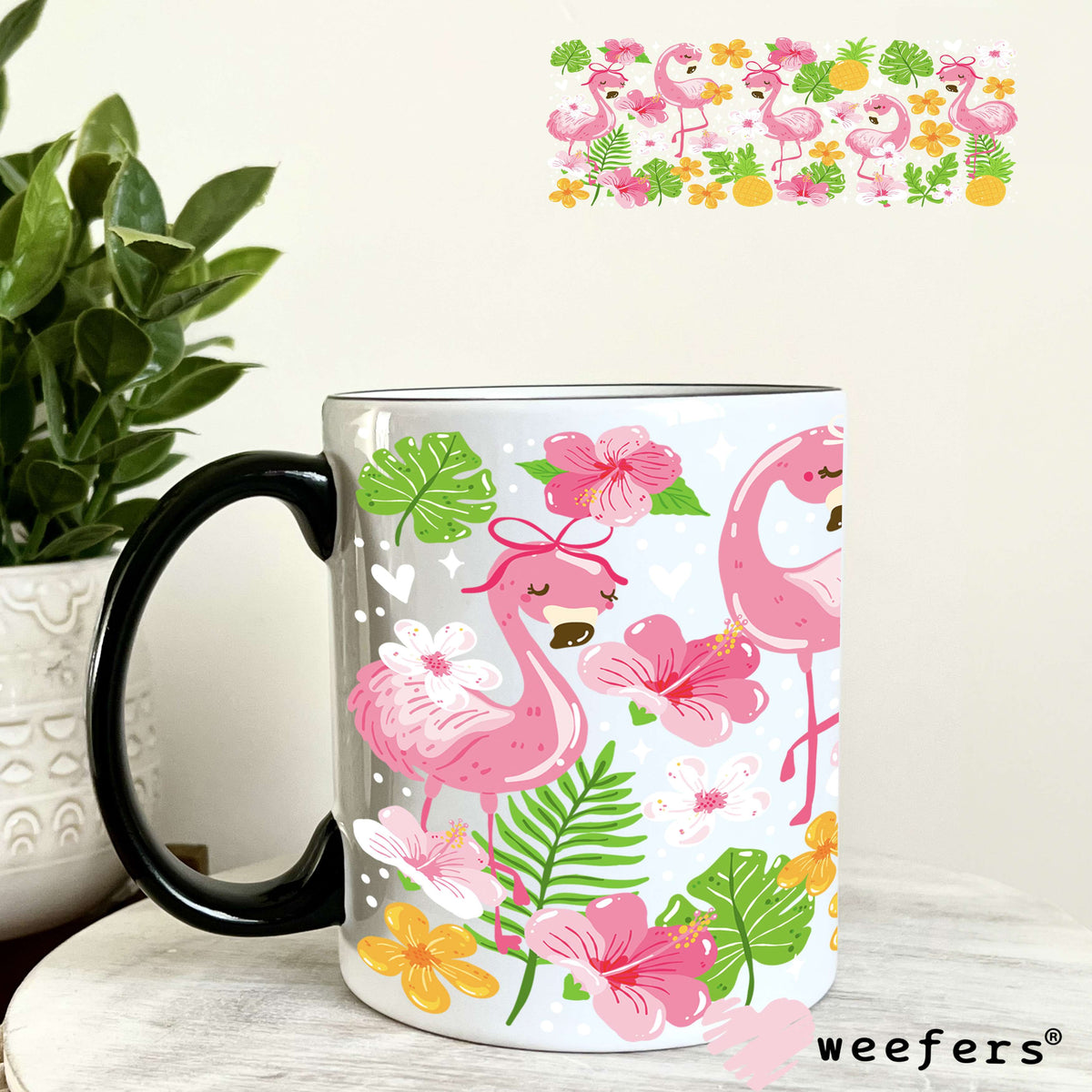 UV DTF Cup Wrap – Flamingos and Monstera Leaves 11oz Coffee Mug Weefers