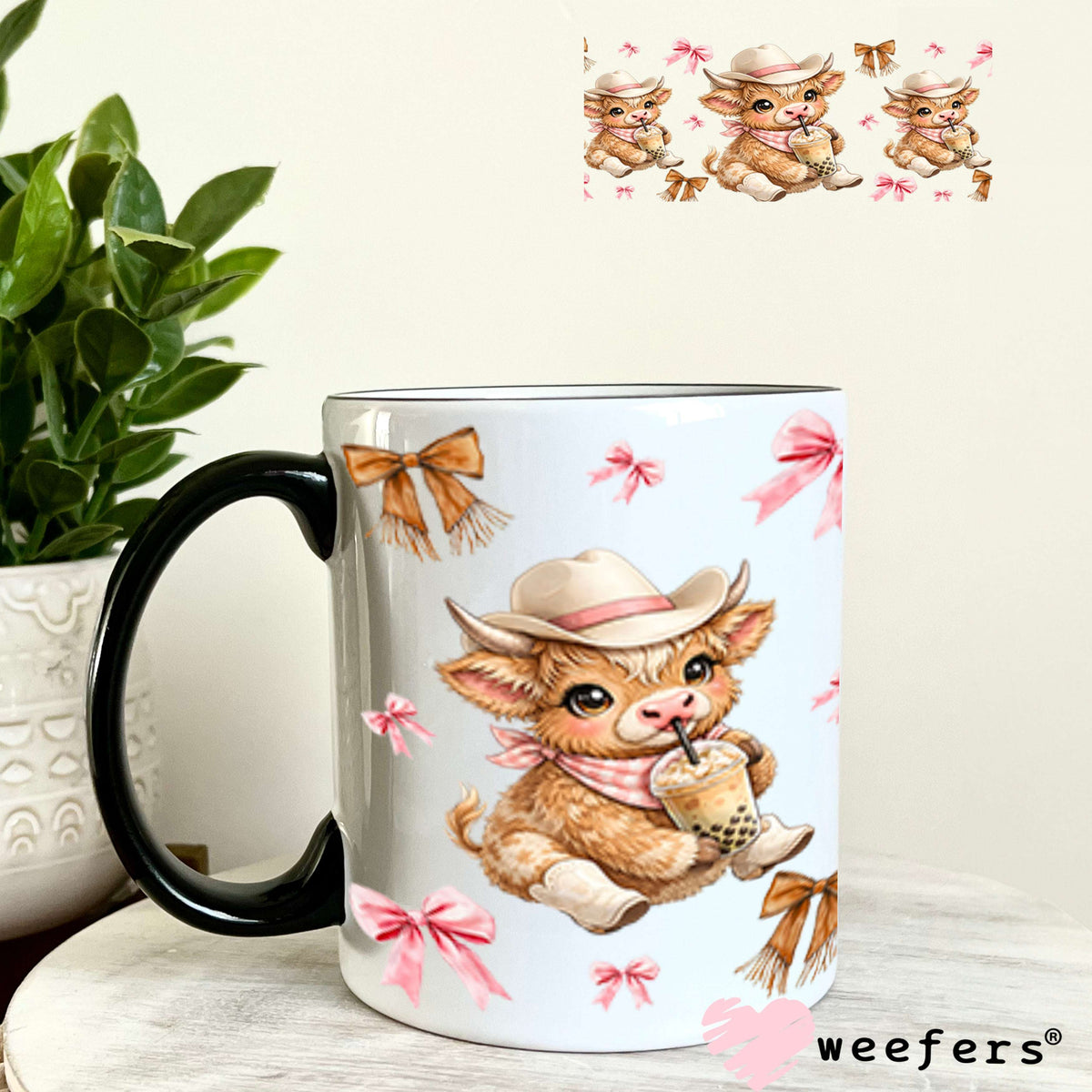 UV DTF Cup Wrap – Brown Cowgirl Highland Cow Boba - Weefers Exclusive 11oz Coffee Mug Cup Wrap Weefers