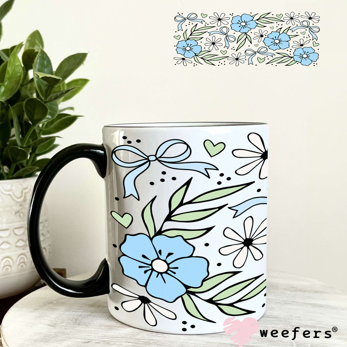 UV DTF Cup Wrap – Blue Flowers Coquette Bows 11oz Coffee Mug Weefers