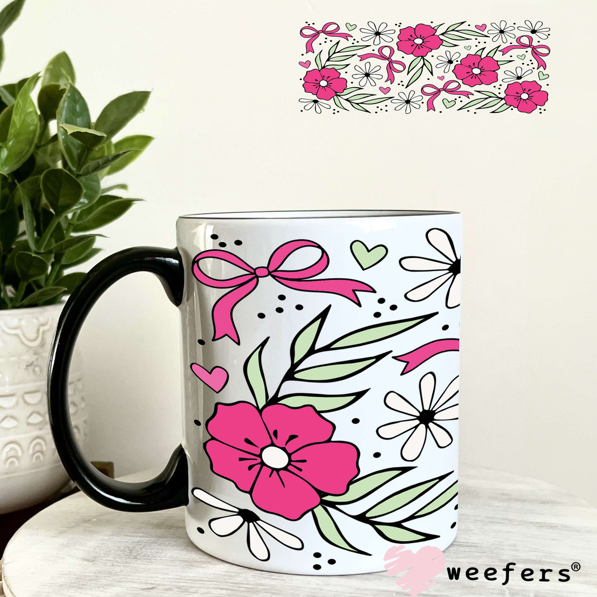 UV DTF Cup Wrap – Magenta Flowers Coquette Bows 11oz Coffee Mug Weefers