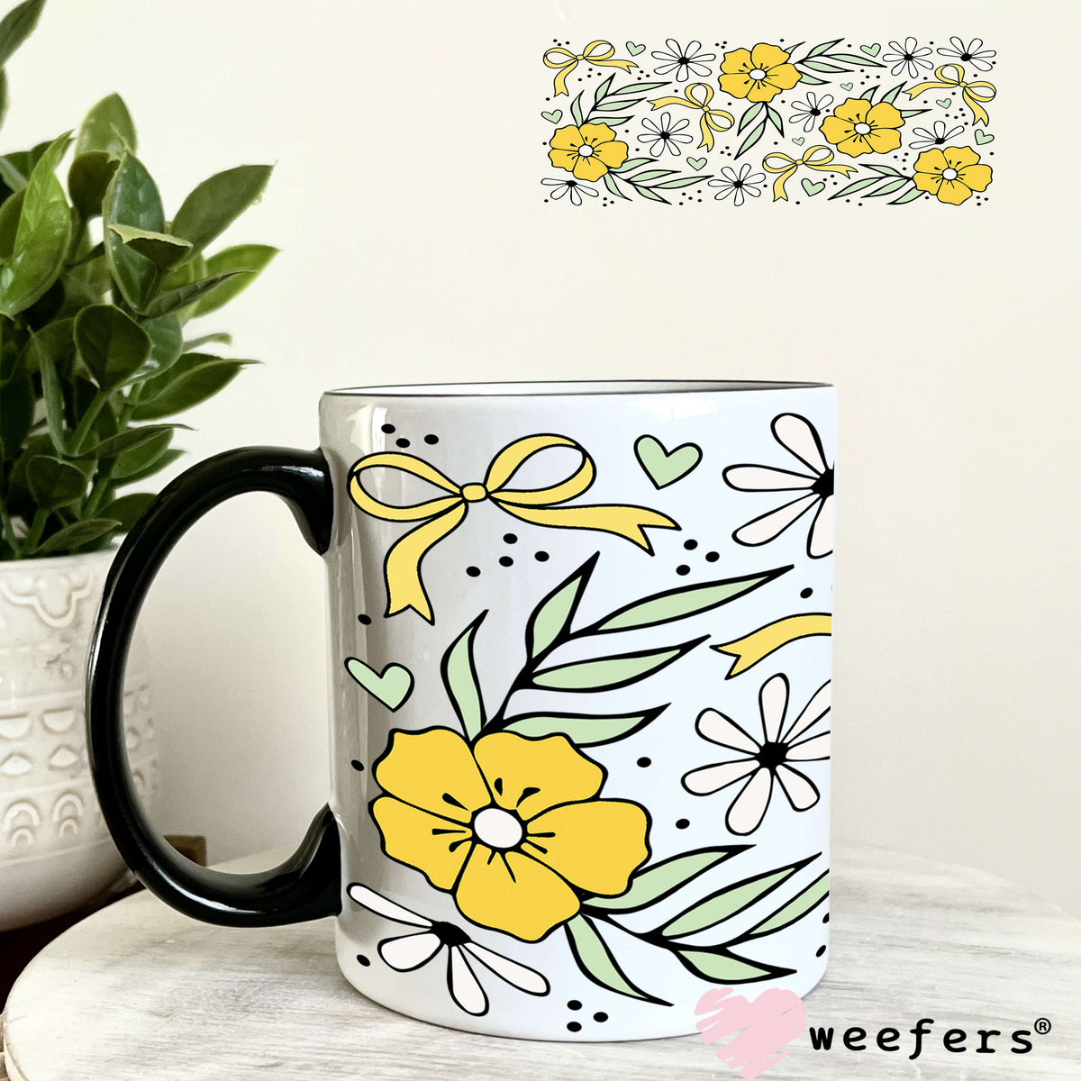 UV DTF Cup Wrap – Yellow Flowers Coquette Bows 11oz Coffee Mug Weefers