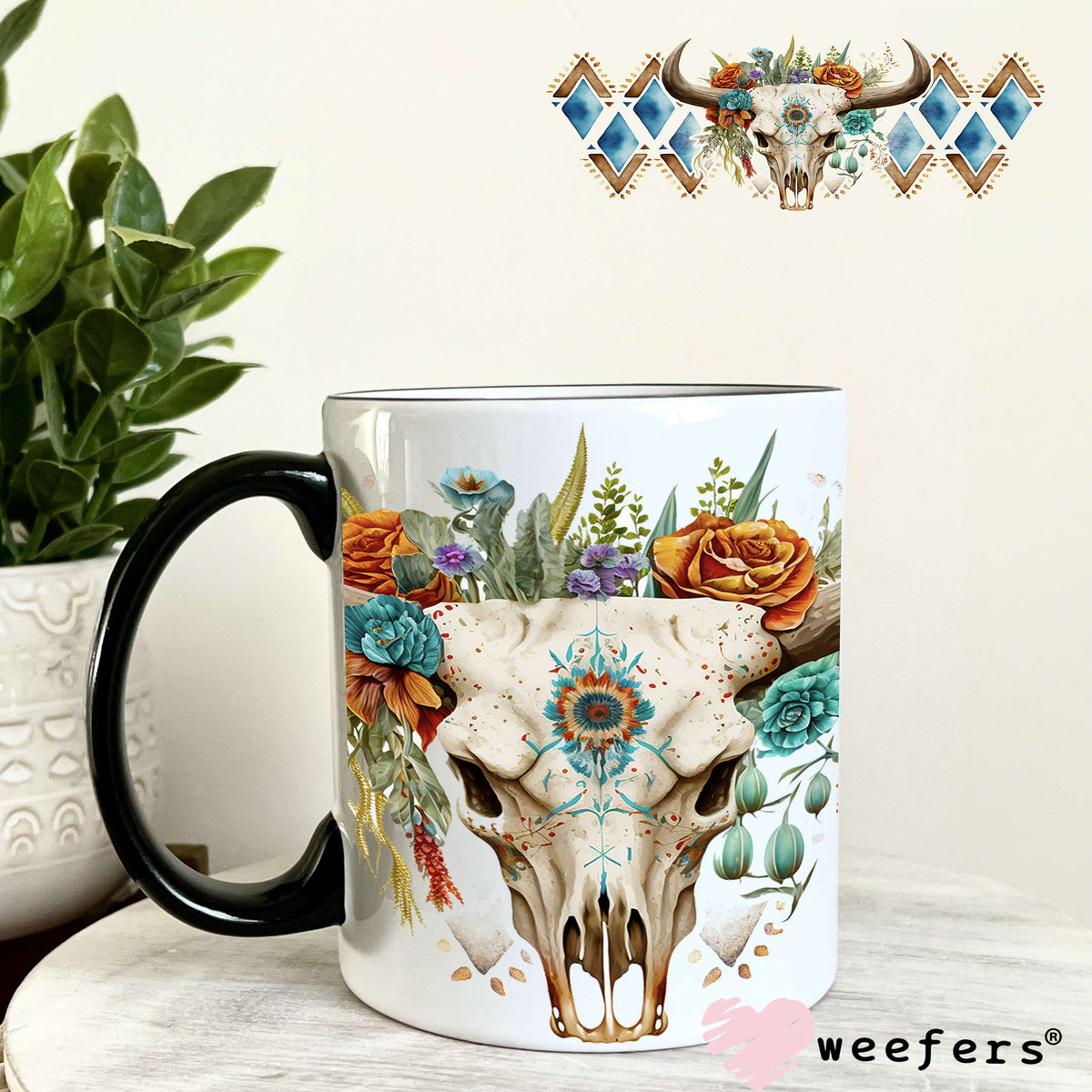 Aztec Blue Rust Cow Skull Western UV DTF Cup Wrap 11oz Coffee Mug Weefers