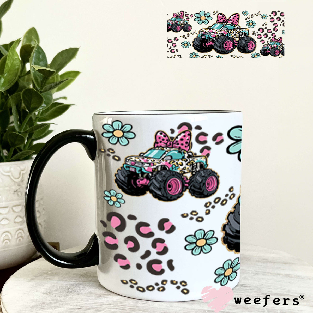 UV DTF Cup Wrap – Girly Leopard Monster Truck - Weefers Exclusive 11oz Coffee Mug Cup Wrap Weefers