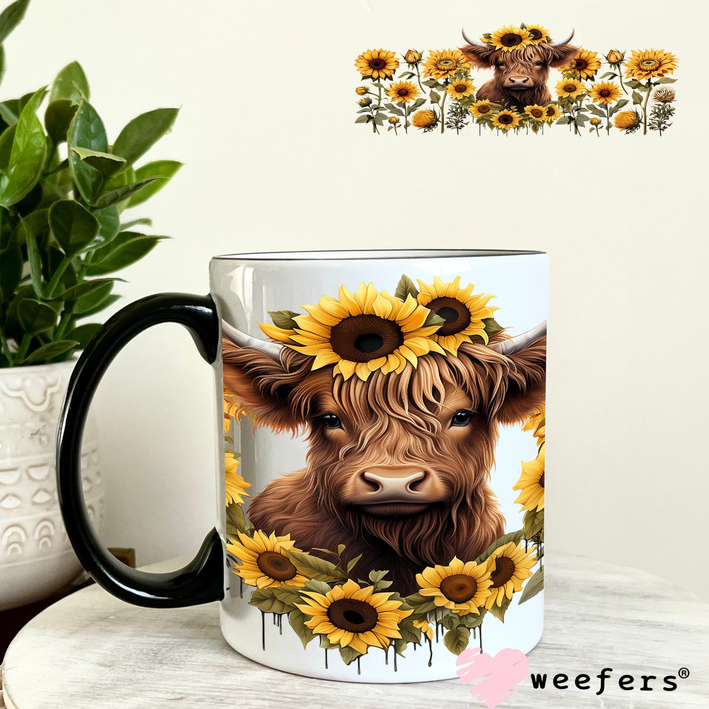 Sunflower Highlander Cow Western UV DTF Cup Wrap 11oz Coffee Mug Weefers