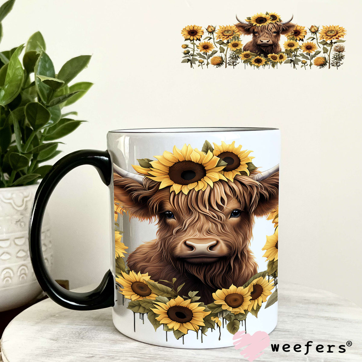 Sunflower Highlander Cow Western UV DTF Cup Wrap 11oz Coffee Mug Weefers