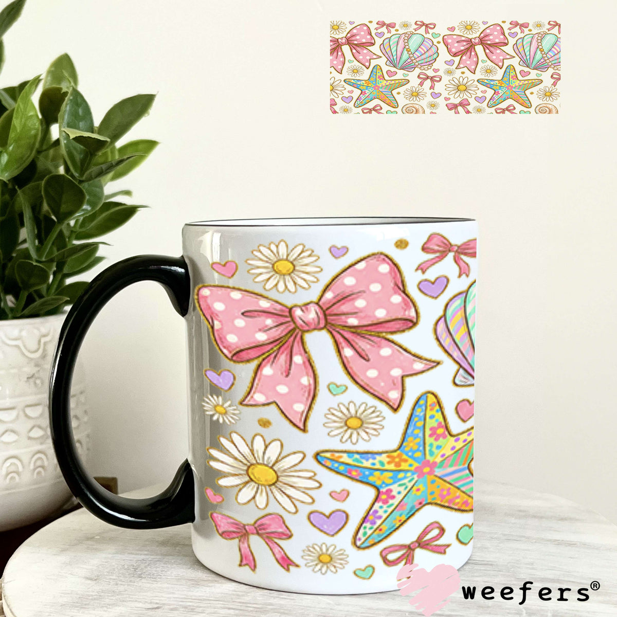 UV DTF Cup Wrap – Pastel Seashells and Bows 11oz Coffee Mug Weefers